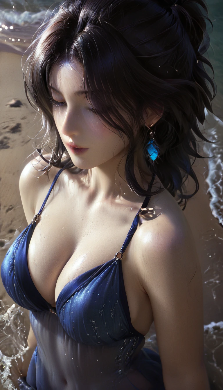 score_9, score_8_superior, score_7_superior, Masterpieces with up to 16K resolution,Highest quality,it is really amazing,Very detailed,Ultra-high resolution,Real,Realistic,Increased depth of field,Cinematic lighting,
sexy japanese milf,
Long black hair,(Ultra-detailed and beautiful faces:1.4),Translucent white skin,Very detailedな肌,
(Elegant resort dresses:1.2),
Artistic design,Beautiful and detailed pattern,Detailed fabric texture,
Gorgeous necklace,Earrings,
(Dark beach at night:1.4),(Dark sea surface:1.4),The coast before the storm,
delay々Continuing sandy beach,
(High angle:1.3),