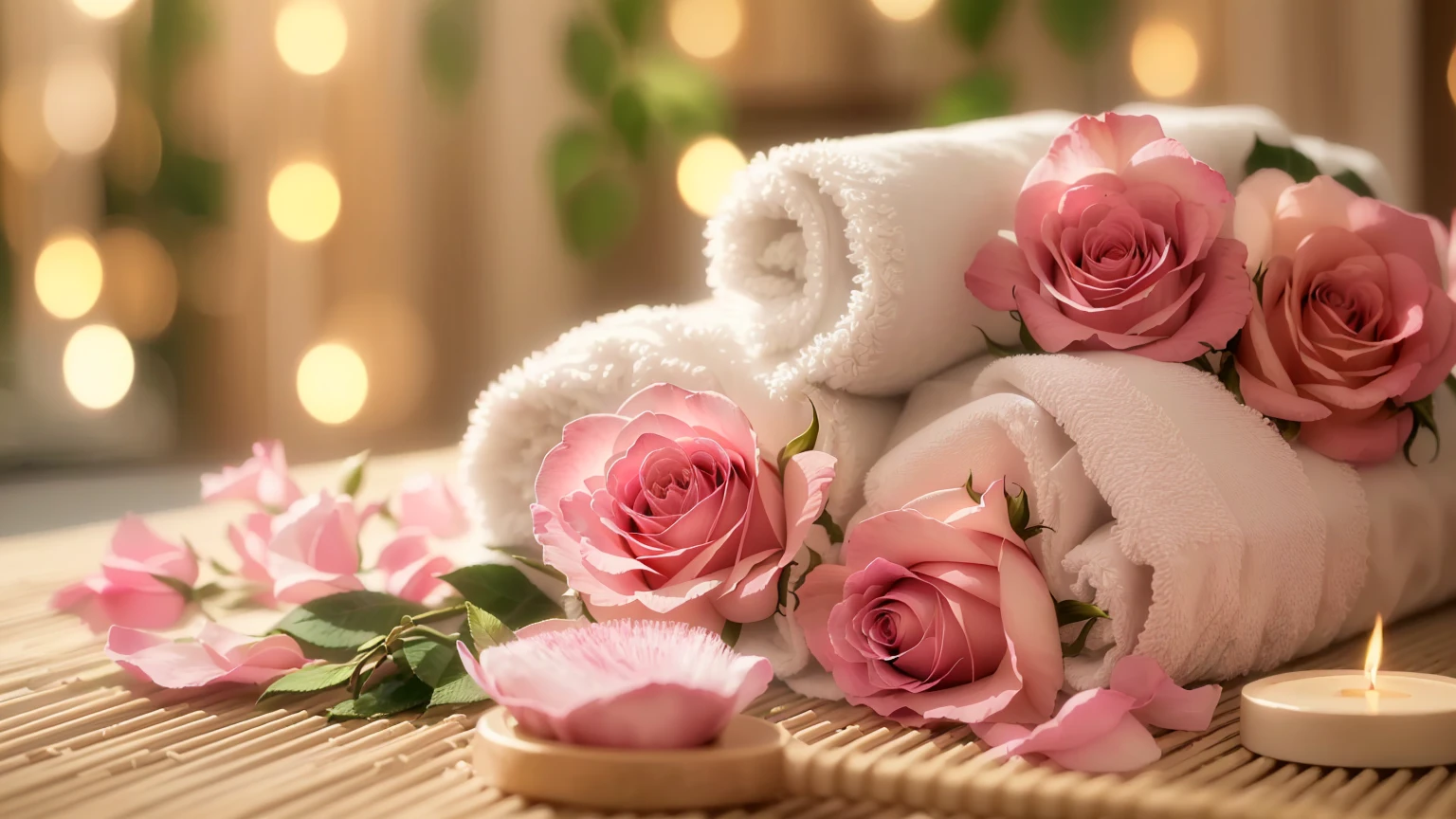 A towel and pink roses are placed on a bamboo mat with a brush, Soft glow, beautiful and soft lighting, Romantic atmosphere, Pale pink, relaxed mood, Soft morning lighting, Soft morning light, Romantic atmosphere, Roses in the Light of the Movie, Beautiful atmosphere, Beautiful soft lighting, Beautiful atmosphere, Romantic atmosphere, Soft night lighting, Soft and warm light, Relaxed atmosphere