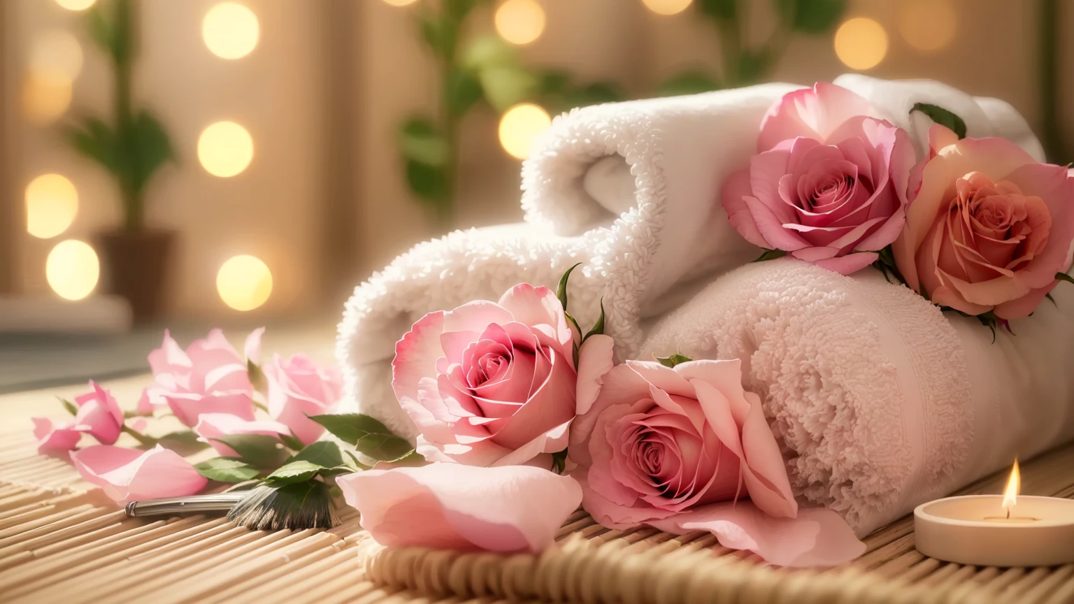 A towel and pink roses are placed on a bamboo mat with a brush, Soft glow, beautiful and soft lighting, Romantic atmosphere, Pale pink, relaxed mood, Soft morning lighting, Soft morning light, Romantic atmosphere, Roses in the Light of the Movie, Beautiful atmosphere, Beautiful soft lighting, Beautiful atmosphere, Romantic atmosphere, Soft night lighting, Soft and warm light, Relaxed atmosphere