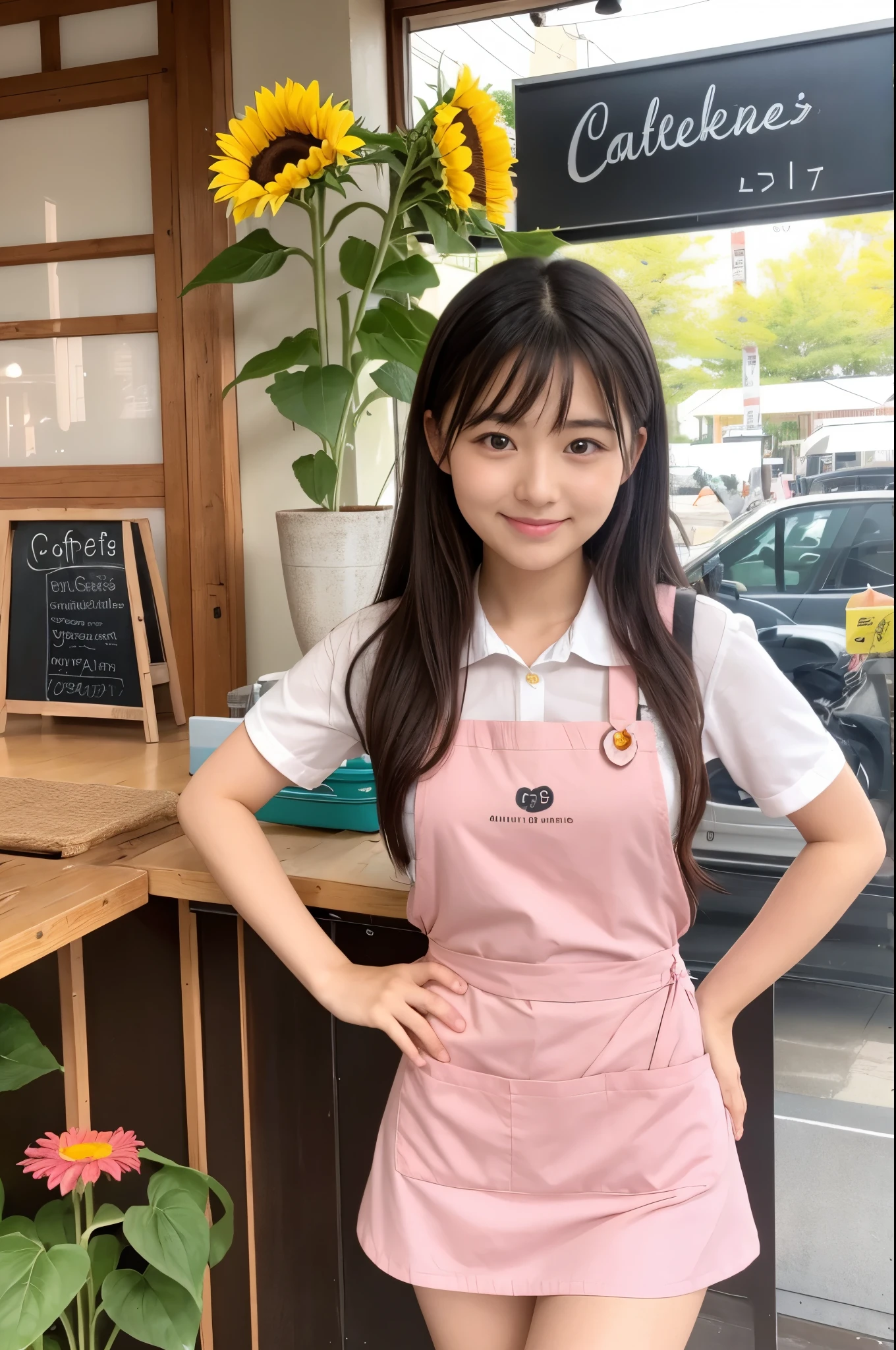 20 years old girl (Japanese cute face) is wearing mini skirt and pink apron and working at the cafe with sunflowers