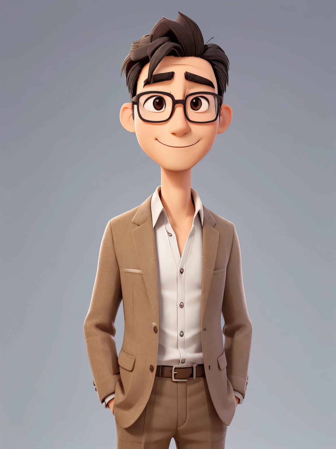 A neat and tidy Japanese man in his 30s, Small, Smooth Skin, Round face, Body facing straight forward towards the camera, Close-up, Thin-framed silver-rimmed glasses, Wearing a brown tweed blazer, Gray-haired, Surfer-like center-parted mid-length hair, The background is a plain gray gradient