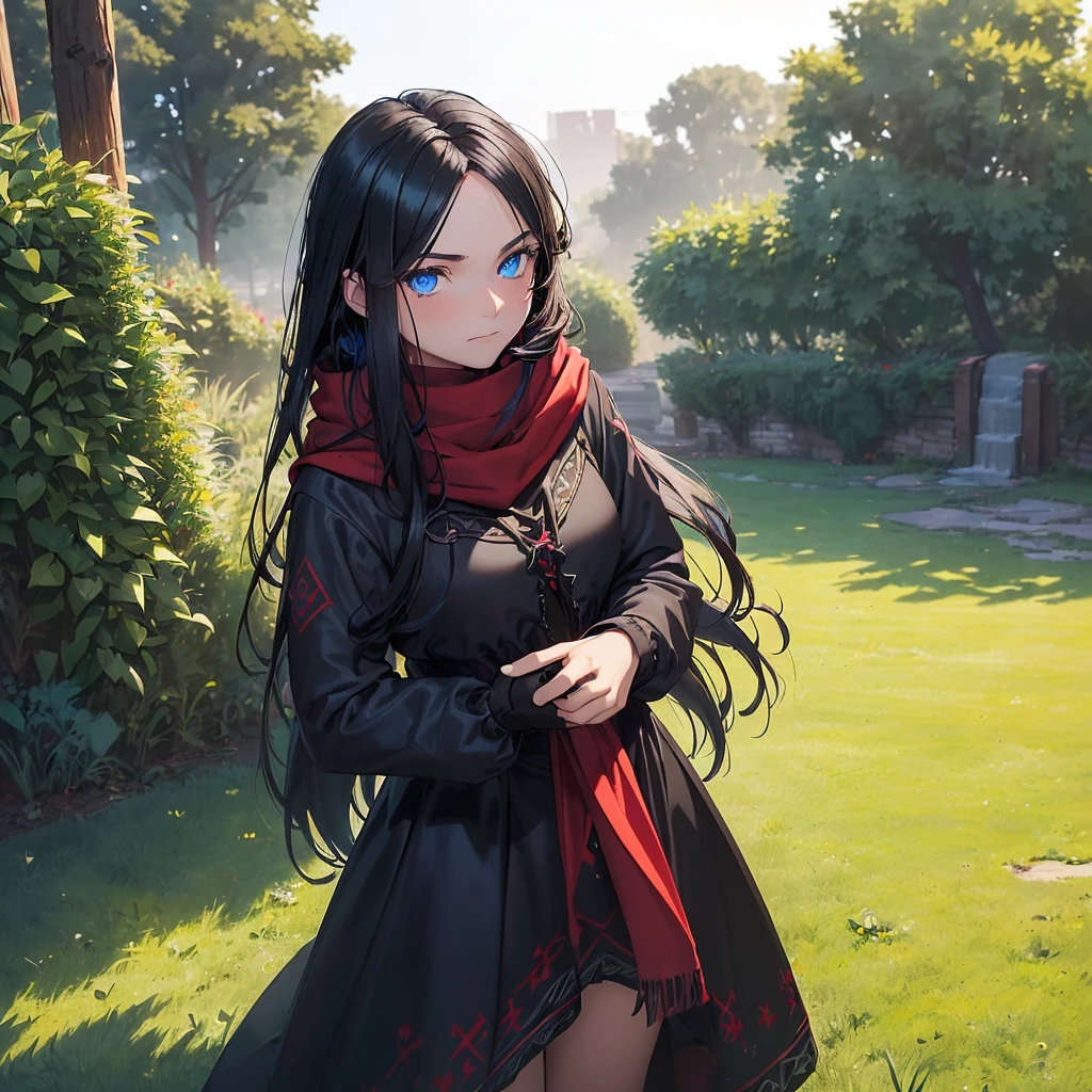 A ((( Noble girl))), with piercingly (((blue eyes))), flowing (((black hair))), dressed in a (((casual norse medieval dress))), featuring a (((black heart on a red scarf))), poised confidently against a backdrop of (((freshly cut grass))), as if reaping the bounty of a recent harvest full body