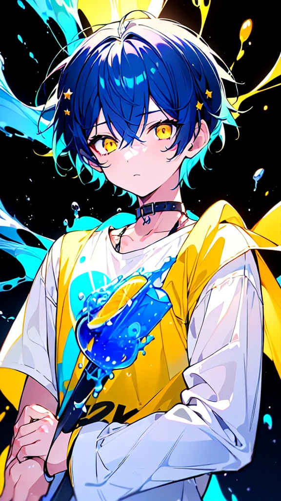 [(BLACK BACKGROUND:1.5),::5], ((((masterpiece)))), high quality, very_high_resolution, large_filesize, upper body, full color, ((younger boy)), 13 old year, short deepblue hair, vivid color, ((yellow eye)), Summer clothes white, animestyle, (NeonSoda Splash effect:1.3)