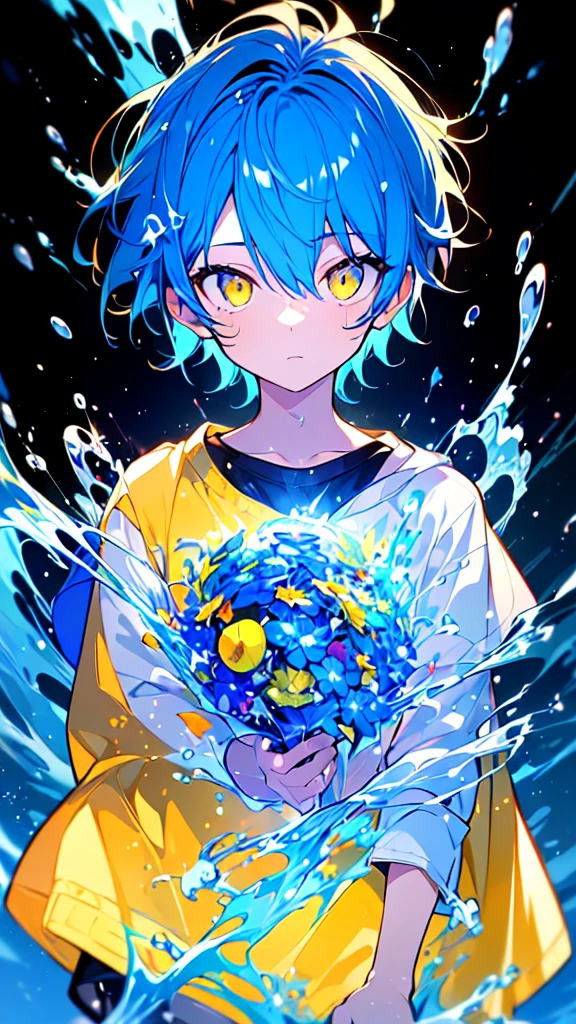 [(BLACK BACKGROUND:1.5),::5], ((((masterpiece)))), high quality, very_high_resolution, large_filesize, upper body, full color, ((younger boy)), 13 old year, short deepblue hair, vivid color, ((yellow eye)), Summer clothes white, animestyle, (NeonSoda Splash effect:1.3)