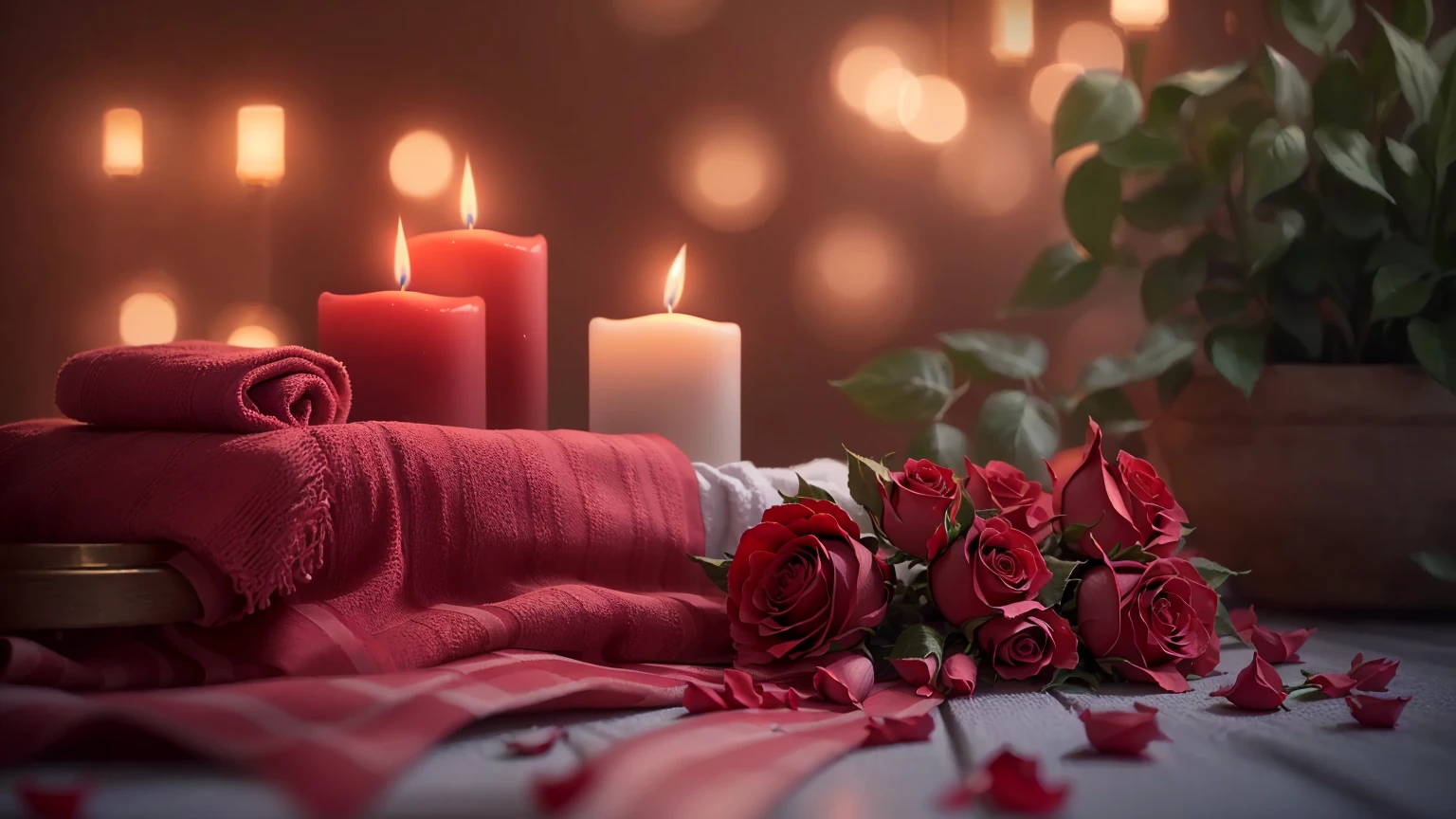 A red rose and a candle are placed on the table, along with a candle and a towel, romantic atmosphere, romantic ambiente, romantic mood, romantic themed, Beautiful atmosphere, Beautiful atmosphere, Unreal Engine ; romantic theme, Relaxed atmosphere, 8k Sensual Lighting, Red and Cinematic Lighting, dreamy and romantic, Night atmosphere, relaxed mood, romantic!!!, Roses in the Light of the Movie, Cozy candlelight、8K