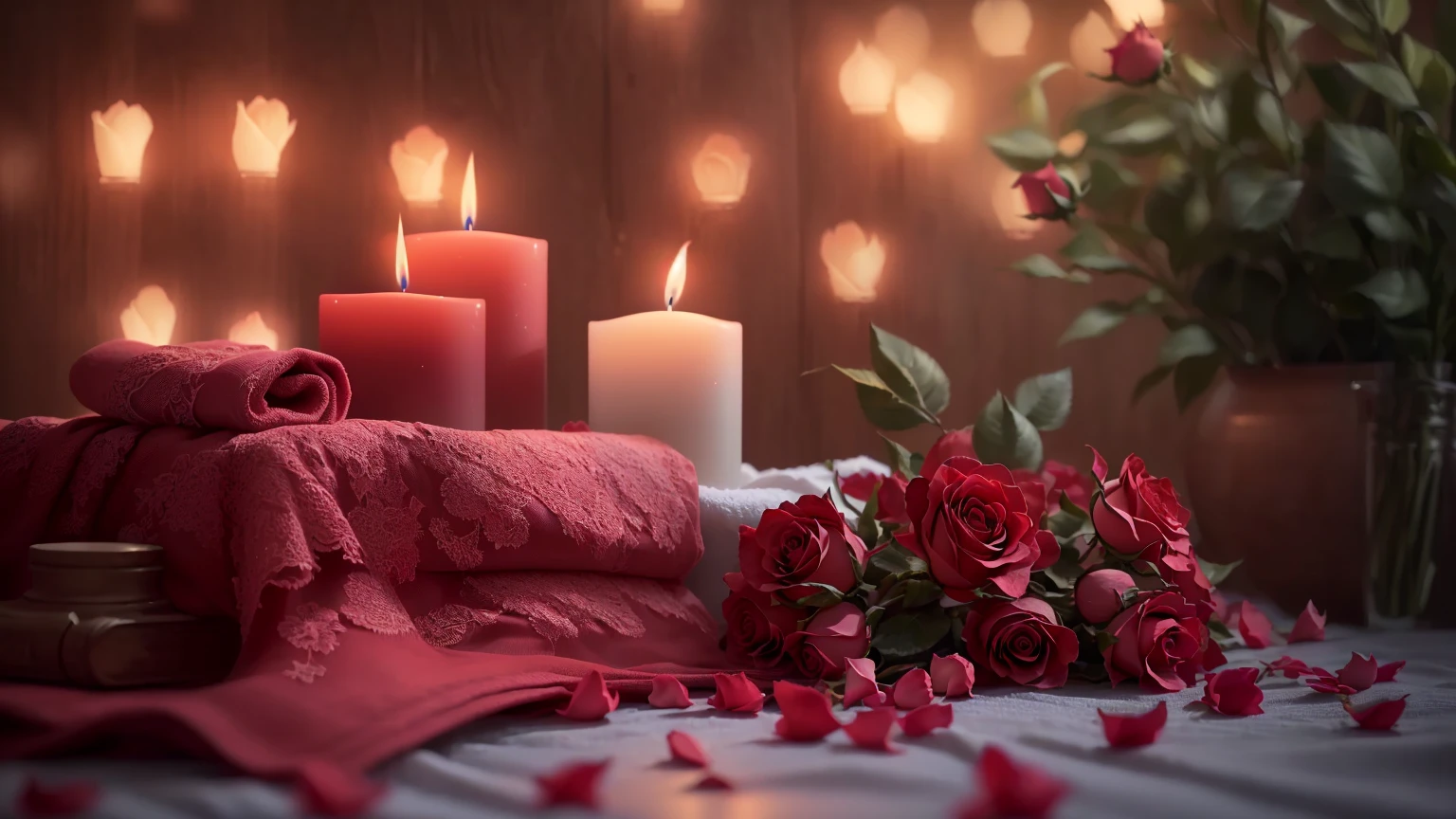 A red rose and a candle are placed on the table, along with a candle and a towel, romantic atmosphere, romantic ambiente, romantic mood, romantic themed, Beautiful atmosphere, Beautiful atmosphere, Unreal Engine ; romantic theme, Relaxed atmosphere, 8k Sensual Lighting, Red and Cinematic Lighting, dreamy and romantic, Night atmosphere, relaxed mood, romantic!!!, Roses in the Light of the Movie, Cozy candlelight、８K