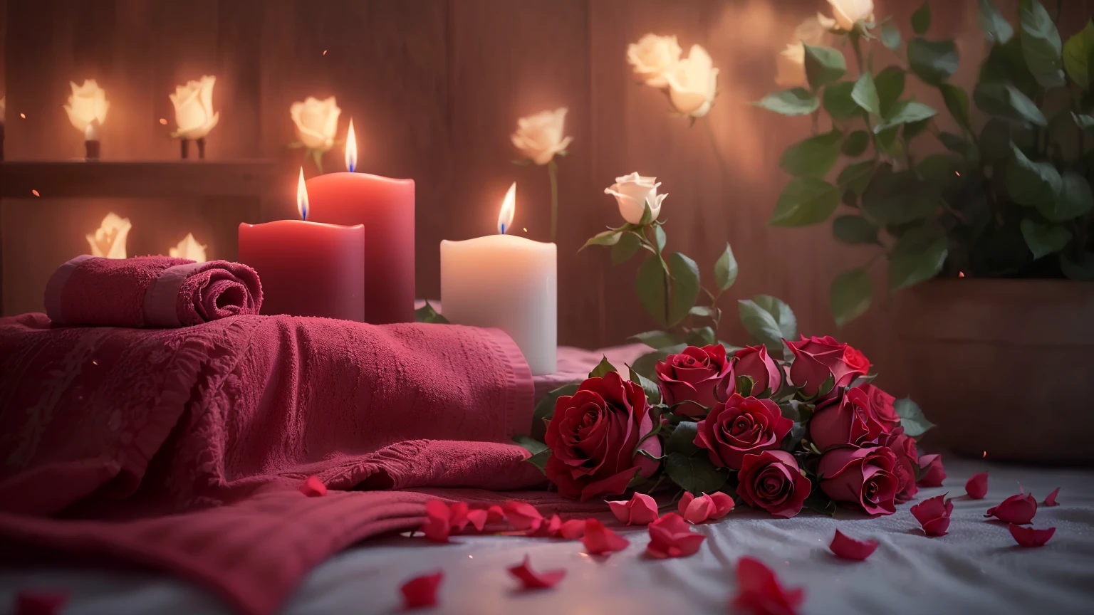 A red rose and a candle are placed on the table, along with a candle and a towel, romantic atmosphere, romantic ambiente, romantic mood, romantic themed, Beautiful atmosphere, Beautiful atmosphere, Unreal Engine ; romantic theme, Relaxed atmosphere, 8k Sensual Lighting, Red and Cinematic Lighting, dreamy and romantic, Night atmosphere, relaxed mood, romantic!!!, Roses in the Light of the Movie, Cozy candlelight、8K