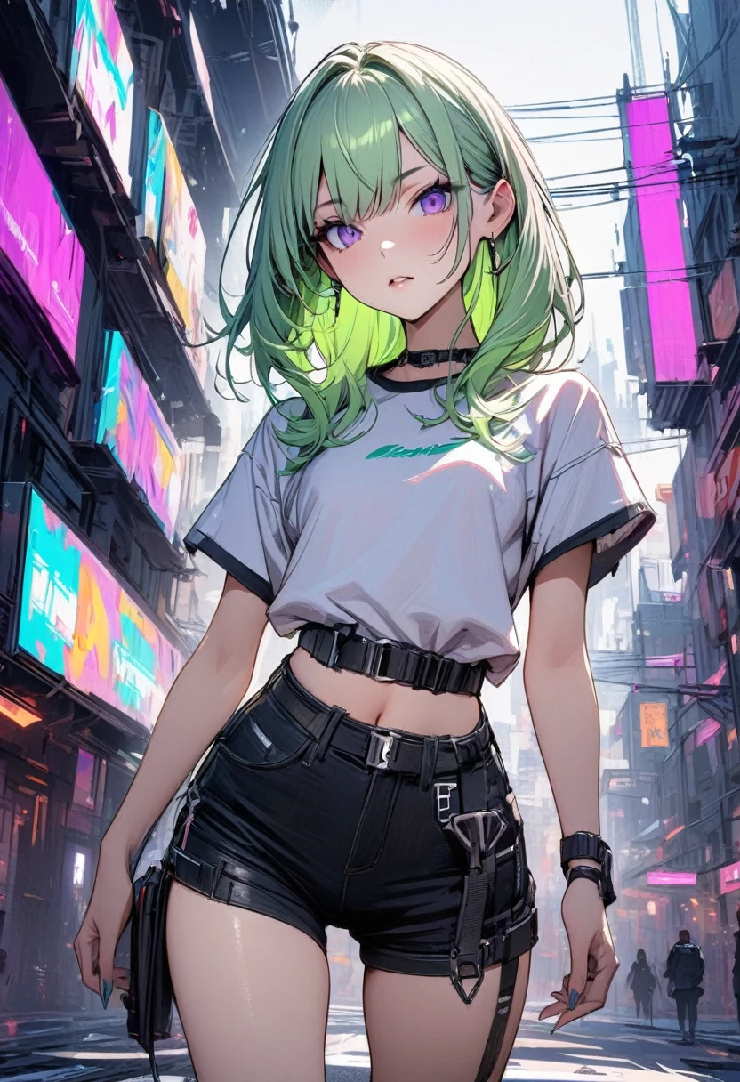  girl light green hair purple eyes cyberpunk short sleeves high quality masterpiece 