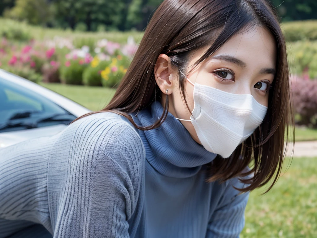 (((masterpiece, best quality,ultra-detailed,8k,high resolution))), (upper body),24 years old ,Japanese girl, 1girl, short hair, (((turtleneck sweater))),(Cover face with a turtleneck sweater:1.7),grabbing turtleneck collar