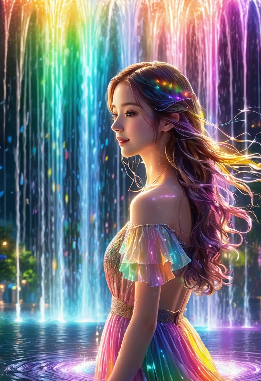 Dancing water columns of a musical fountain、Beautiful rainbow-colored lights and various combinations of water columns,Colorful spotlight effects,Create unique patterns，A cute, beautiful girl with long hair is looking back at the foreground:1.5,Her long hair flutters in the light,Create a colorful scene，Detailed fantasy digital art，Highly detailed digital art in 4K，fantasy art action、High-quality images、Great shots,