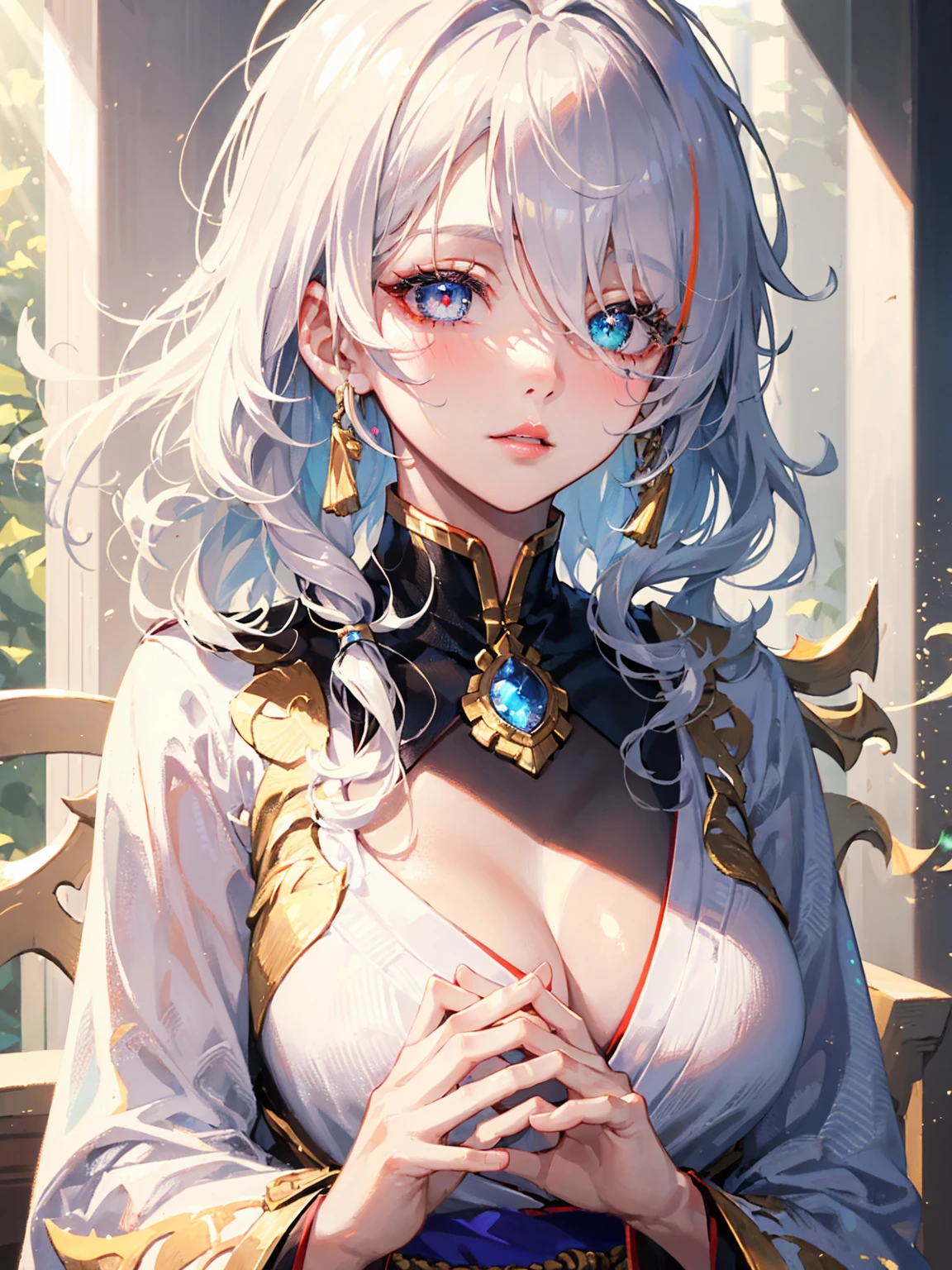 nordic young woman, cute face, seductive, perfect breasts, best quality, masterpiece, golden jewelry, white and golden clothes, (golden kimono:1), (white kimono:1.3), golden ornaments, shiny silk, golden stripes clothes, detailed textures, posing, casual pose, [blush], aesthetic, intricate, caustics, light rays, sunlight, (((soft lips))), (((glossy lips))), highly detailed, (semi-realistic:1.2), niloudef, detailed iris, sparkle eyes, star in eyes, enchanting blue eyes, (multicolored eyes), (shining dust), (heterochromia), (golden hair:1.3), (messy hair:1.3), (hair between eyes), (hair over one eye), (wavy hair:1.1), perfect hands, perfect fingers, perfect arms