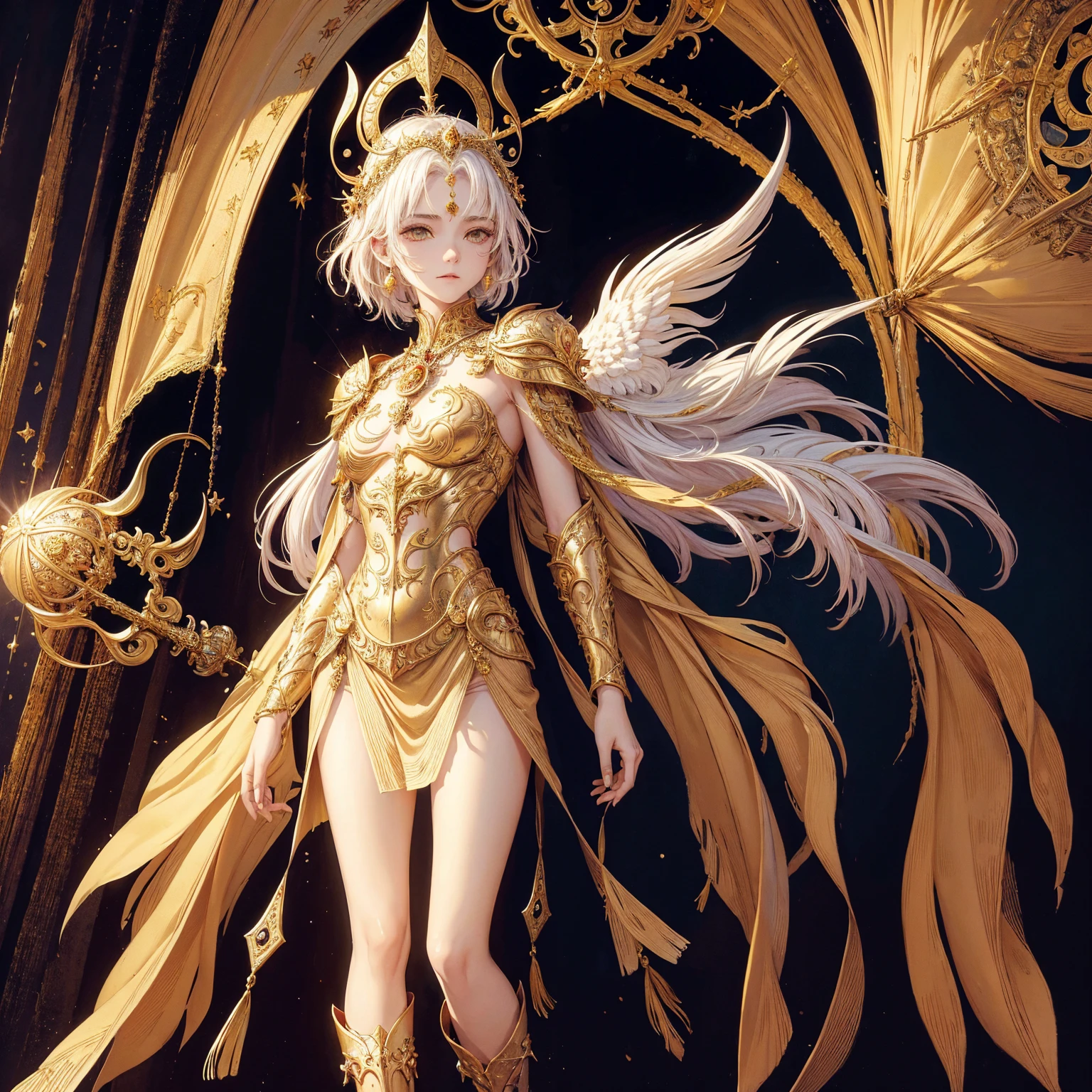 Art of angel woman wearing sun crown, Wearing a gorgeous breastplate that exposes a small amount of skin above the chest, Wearing a gorgeous golden robe, ancient goddess art, Sacredness. Very detailed, Mysterious inspiration, Inspiration from the Sun God, Religious inspiration, Cold and snobbish face, Dangerous expressions, White hair, Standing, Full body portrait, Gothic art style, Weird art style, Occult art