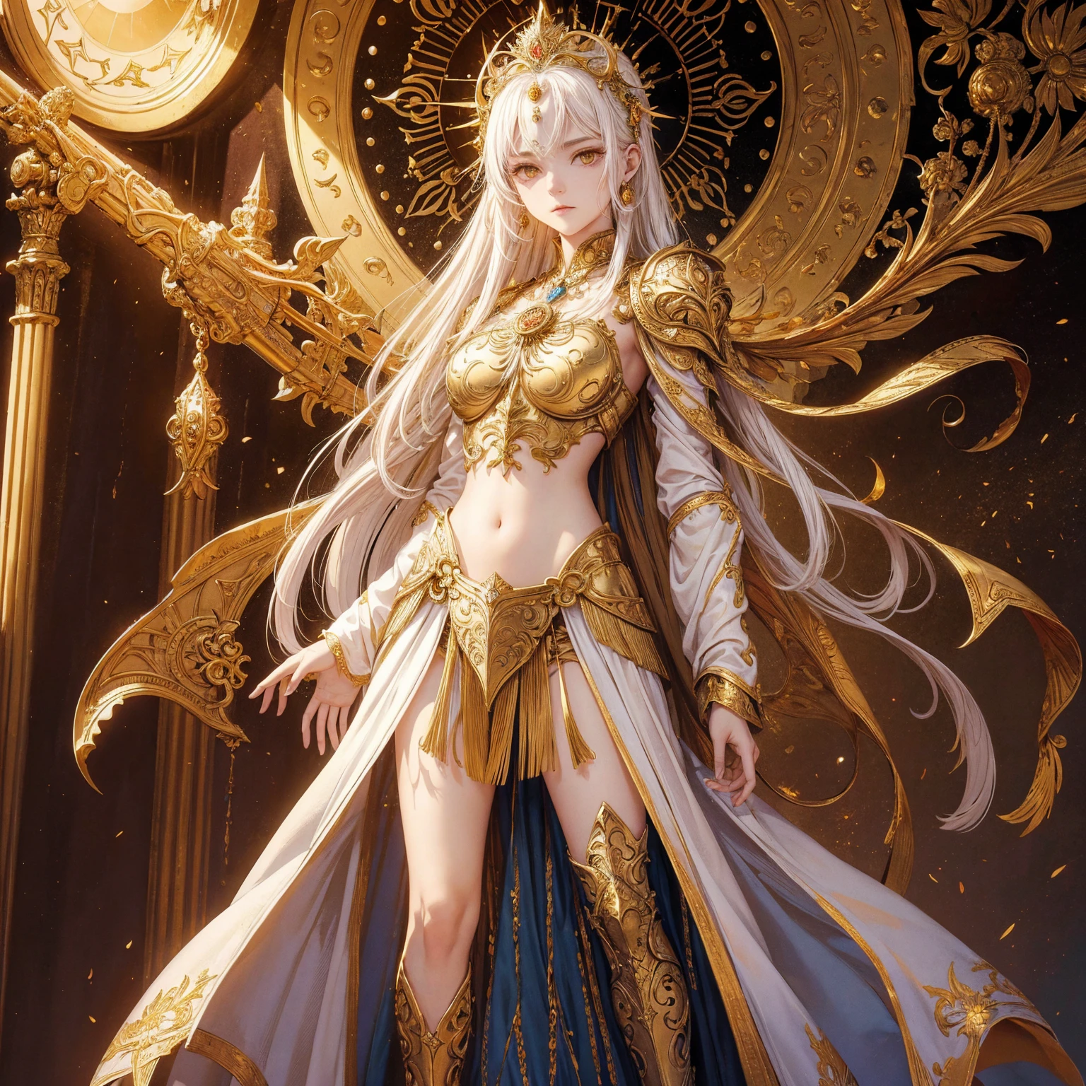 Art of angel woman wearing sun crown, Wearing a gorgeous breastplate that exposes a small amount of skin above the chest, Wearing a gorgeous golden robe, ancient goddess art, Sacredness. Very detailed, Mysterious inspiration, Inspiration from the Sun God, Religious inspiration, Cold and snobbish face, Dangerous expressions, White hair, Standing, Full body portrait, Gothic art style, Weird art style, Occult art