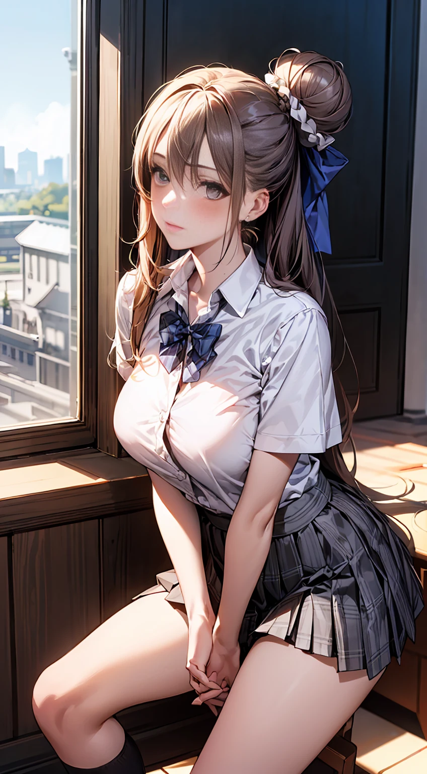 (masterpiece:1.2, Highest quality), (Realistic, photoRealistic:1.4), Beautiful illustrations,
Looking at the audience, whole body, Front view:0.6,
1 girl, Japanese, high School girl, (Long Hair:1.5), Let your hair flutter, ((Hair Bun:1.5)), bangs, Hair between the eyes, Big Breasts:0.8,
Beautiful Hair, Beautiful Face, Beautiful and detailed, Beautiful clavicle, Beautiful body, Beautiful breasts, Beautiful thighs, Beautiful legs, Beautiful fingers,
(Beautiful views), , School,
((Collared short-sleeved shirt, White shirt, , Grey plaid pleated skirt, Blue checked bow tie)), White panties,
(Are standing, , Lift up the skirt, Grab the hem of your skirt, please put your hand on your chest, Place your hands between your legs),
blush, ,