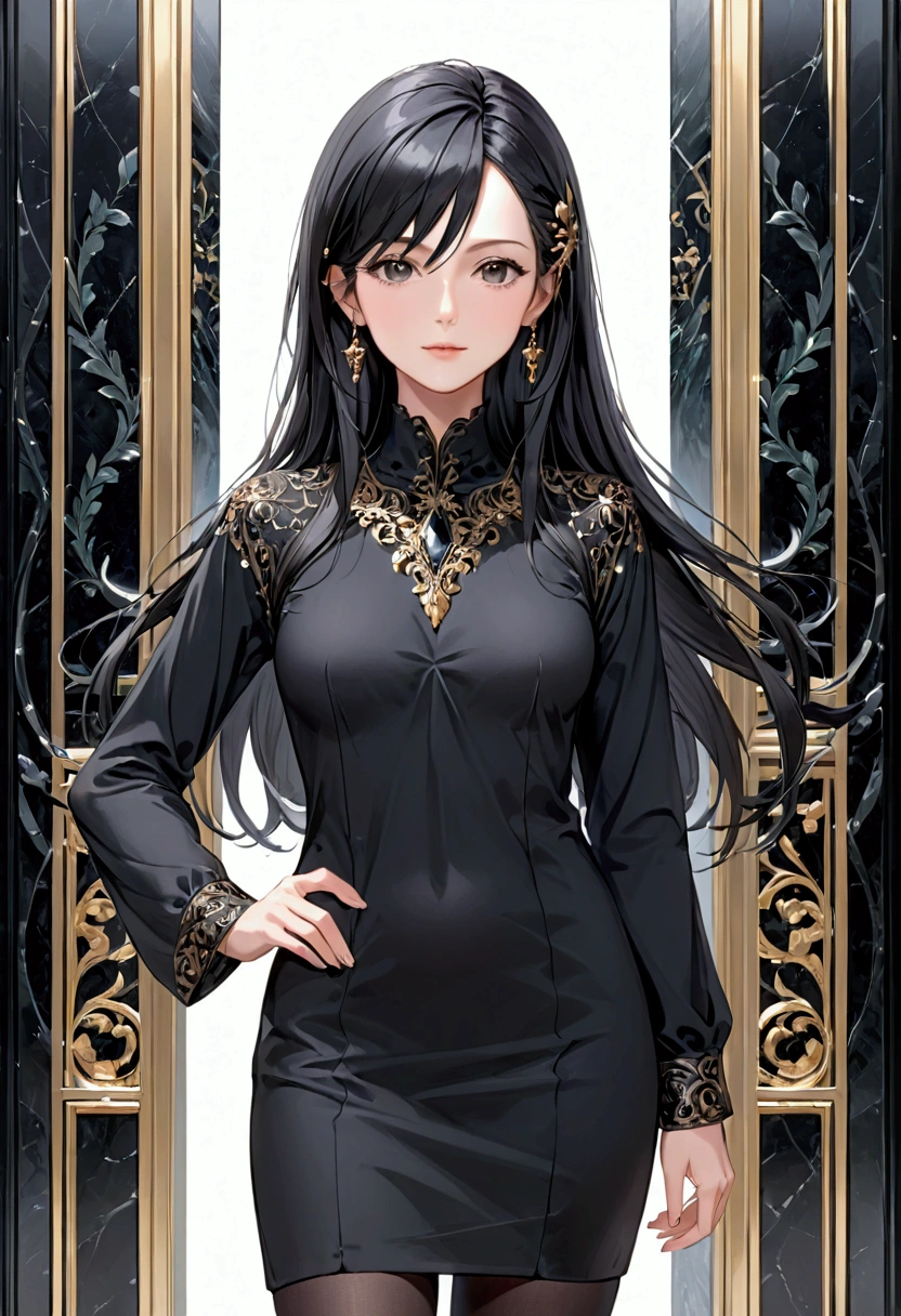 Mature Girl with long dark onyx hair, dark onyx eyes,tall rectangular body figure, casual wear