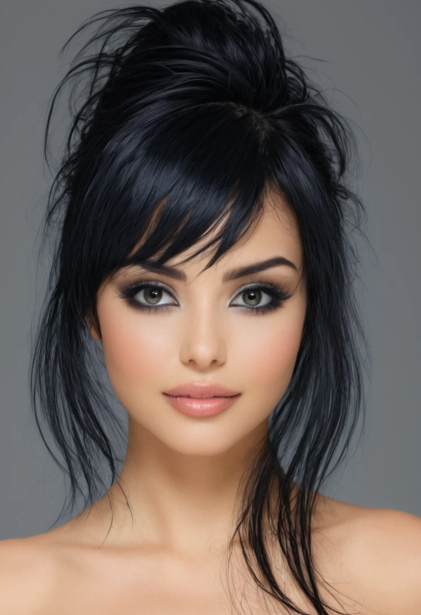 1fille, Maginifique, cheveux longs noirs intense, frange émoussée, ses yeux représentent la planète terre, eye-liner noir, regard intense et vif,  inspire une grande confiance en elle,  légé sourire, poitrine ronde et galbée effet push-up 