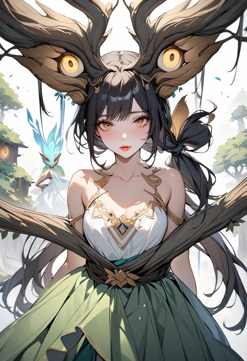 ((RAW Photos)), ((masterpiece)), (Tree Spirit,young woman in a dress,One person:1.3), (Figure up to the waist:1.2),Intricate details, View your viewers, beautiful, Fine eyes and lips,White background,Fantasy,Perfect Face, (1 girl,White background:1.3),Big shiny clear golden eyes,Long black hair tied up,Fantasy,beautiful表情,Detailed facial expressions,Low exposure