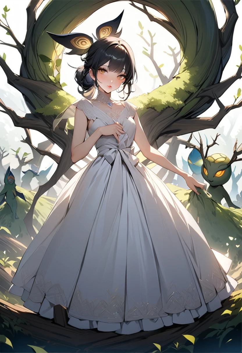 ((RAW Photos)), ((masterpiece)), (Tree Spirit,young woman in a dress,One person:1.3), (Figure up to the waist:1.2),Intricate details, View your viewers, beautiful, Fine eyes and lips,White background,Fantasy,Perfect Face, (1 girl,White background:1.3),Big shiny clear golden eyes,Long black hair tied up,Fantasy,beautiful表情,Detailed facial expressions,Low exposure