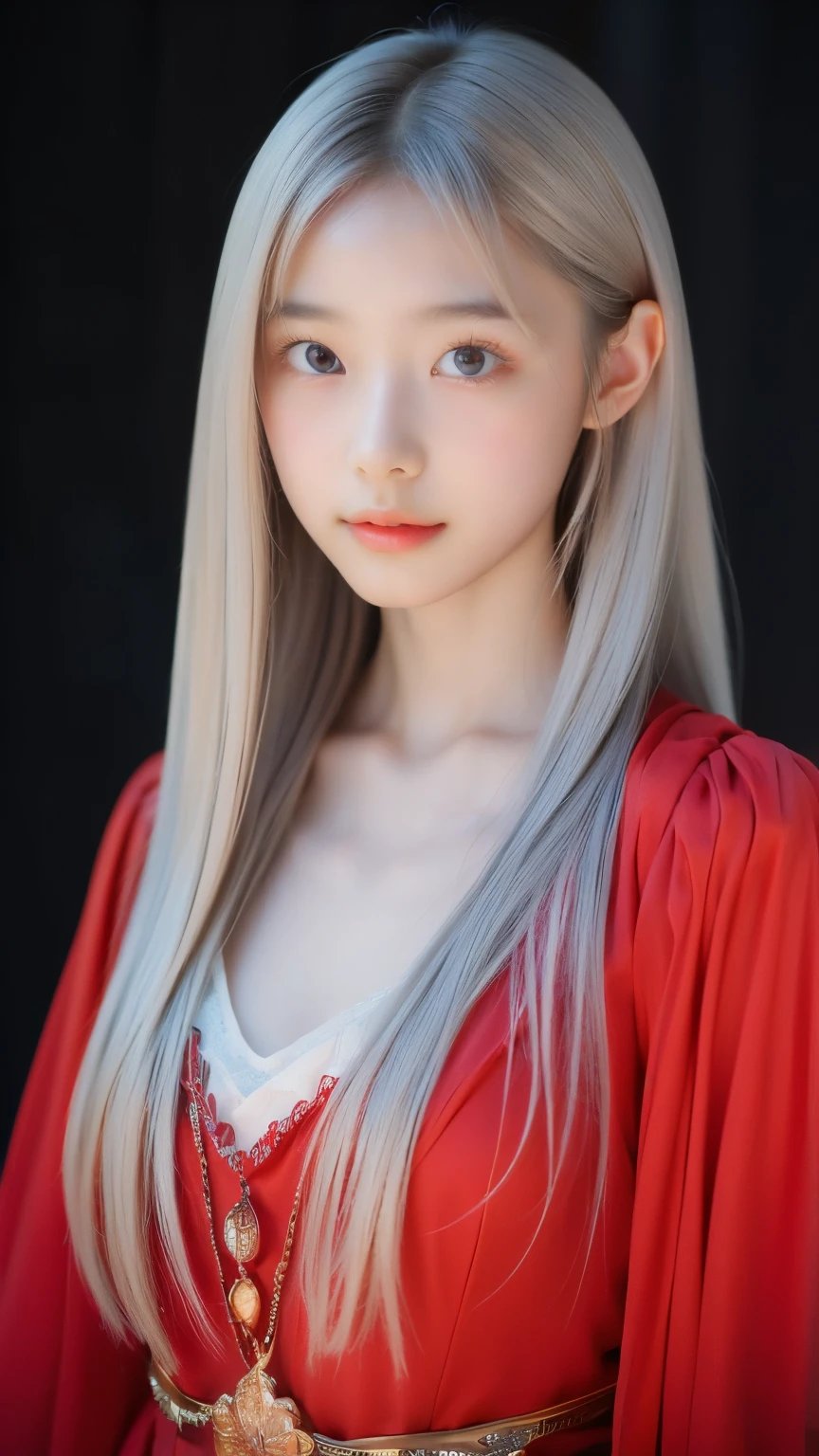 (masterpiece、top quality、top quality、beautifully aesthetic:1.2)、(1 girl:1.3)、(fractal art:1.3)、absurd、masterpiece、top quality、realistic、very detailed、(glowing skin)、look at the viewers、slim、1 girl、solo、straight long hair、princess cut、red eyes、dynamic lighting、highest resolution、sharp focus、depth of field、 、vampire、masterpiece、top quality、very detailed、very detailed 얼굴、best quality face、２0 years old、adult、1 girl、２0 years old、There are no humans、gray hair、Alchemy costume、Intricate and detailed costumes、sexy pose、shiny red dress