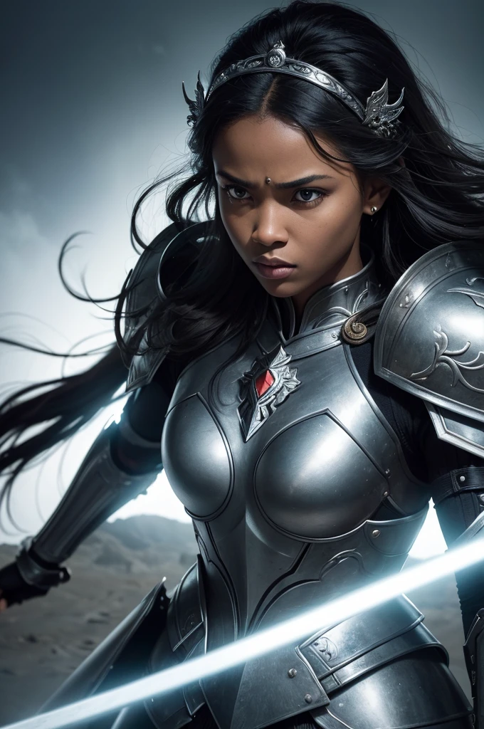 ((best quality)), ((masterpiece)), (detailed), perfect facePor favor, create an image of a black woman in a spiritual battle. She is dressed in sturdy armor, that conveys seriousness and resistance. In the right hand, she holds a shining sword, while the left wields a solid shield. The scene must reflect the intensity of spiritual warfare, . Avoid any representation that may seem inappropriate or inappropriate to the context of a serious spiritual battle." Tire the tiara on your head