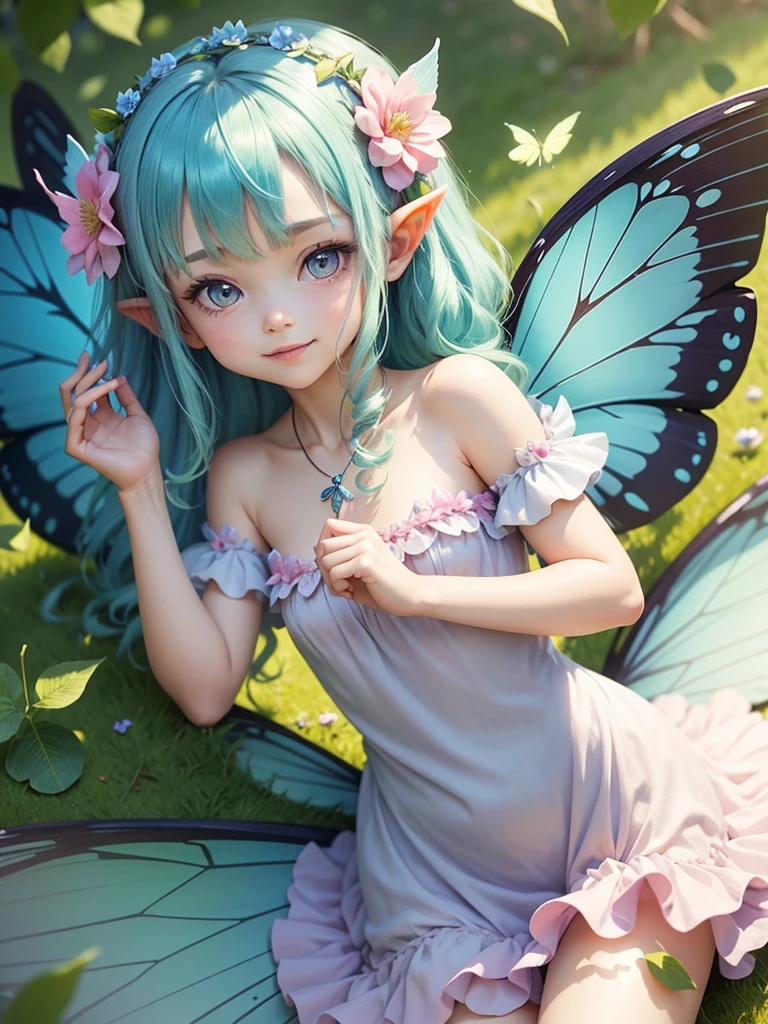 cute little Fairy, blue butterfly, lightgreen hair, pink eyes,  dress pointy ears dress made of petals leaves Leaning forward Leaf fairy Flower Flower crown Thin wings Smiling gently Large leaf