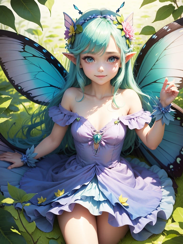 cute little Fairy, blue butterfly, lightgreen hair, pink eyes, dress pointy ears dress made of petals leaves Leaning forward Leaf fairy Flower Flower crown Thin wings Smiling gently Large leaf