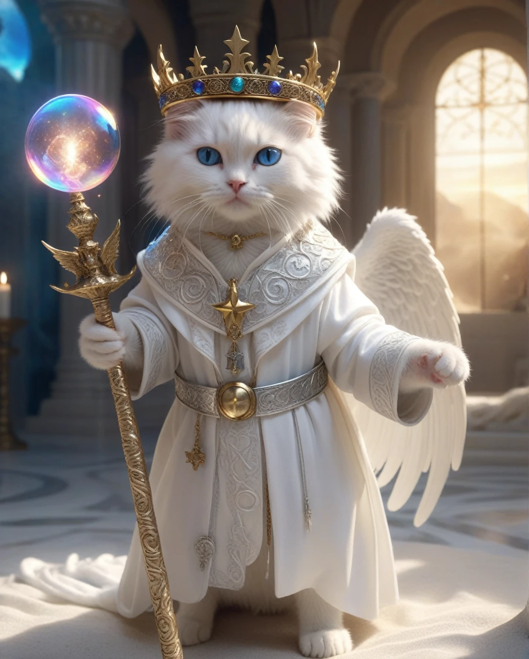 kitten, Fantasy World, White cat wizard in intricate ancient robes, Holding a white cane,(Papal crown:1.2), blue eyes, Intricate runes swirling, Casting a Spell, Holy Light, Fluffy tail, Detailed local information, (Ultra-detailed,high quality visuals,Dim lighting,Ultra-realistic,Sharply focused,Octane Rendering,8K Ultra HD,masterpiece,high quality),Beautiful sparkle,Beautiful sparkle, walk,Wave,Wind,(((glistening light of Wave))),(Detailed sunset),(floating flow),((Coral)),(bright),coastal,(floating colorful bubbles),Beautifully detailed skies,(sunlight),(Angel),Dynamic Angle, floating, wing, Hello, floating white silk,(Holy Light),Silver Star,
