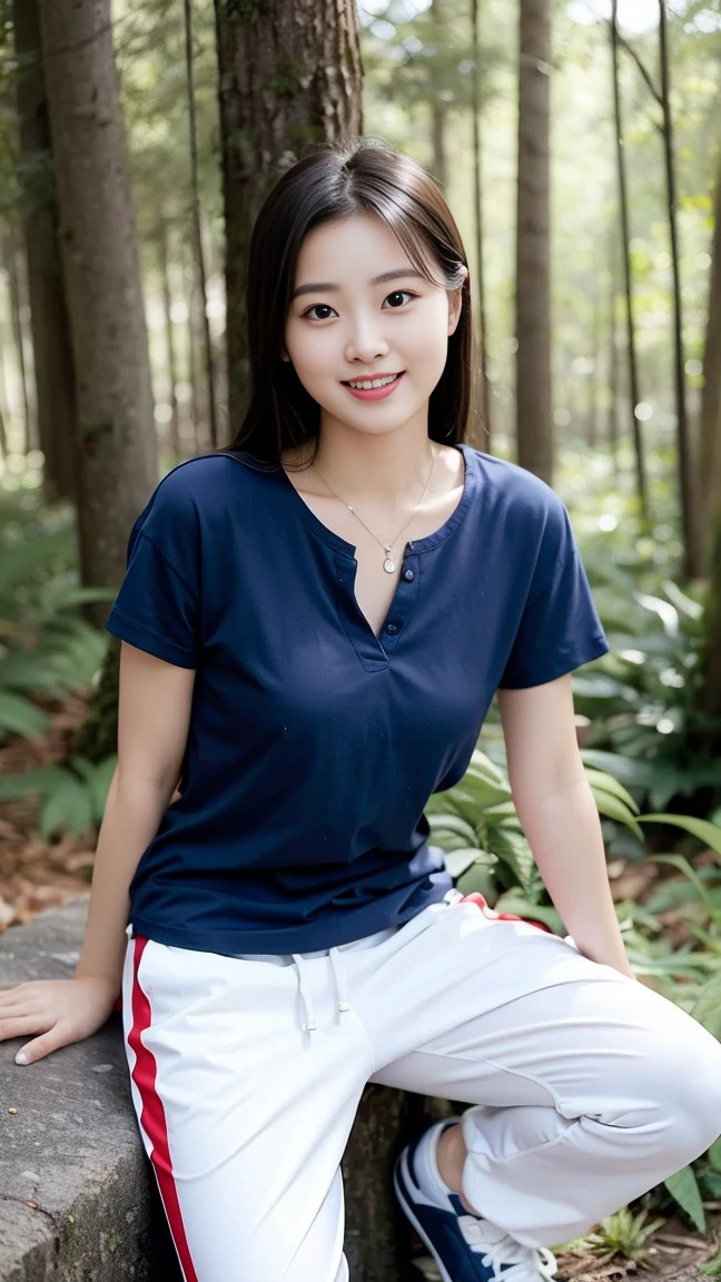 masterpiece, best quality, Surreal, Ultra Detailed, 8K resolution, RAW photos, Clear focus, (A girl in the forest), ((navy blue shirt:1.1)), Short sleeve, Long sweatpants,Full body posture, Solitary, Perfect body, Become a, 36 inches in the chest,(a charming smile:1), (sexy pose)，26 years old, light,White shoes,