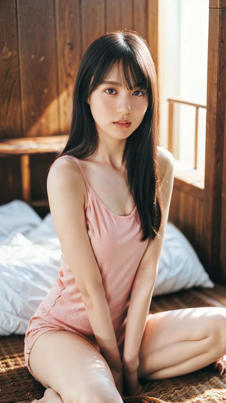 ((Extremely precise and accurate anatomy:1.0)), (photo Realistic:1.4), (hyper Realistic:1.4), (最高品質のRealisticな肌の質感:1.4), (Improvement of quality:1.4), (Enhances the beauty of skin texture:1.1), Clean and glowing skin, mesh, thin:1.2, (Realistic:1.3), Realisticなライティング, (Smoother lighting:1.05), (Improving the quality of cinema lighting:0.9), Backlight, A gentle light on your face, Ray Tracing, (Bright light:1.2), 32K, One Japanese woman, fine grain, Detailed face, (Film Grain:1.1),(Accentuates body lines:1.1), High resolution, Natural look, Kind eyes, Improves hair quality, Delicate light and shadow, Transparent muscles, Graceful pose, Beautiful Eyes, Sharp details, Soft light reflection, Beautiful contours, Delicate skin tone, Fine hair texture, Natural background, ,(((Downward))),((Spread your legs)),A loose-fitting camisole,barefoot,One Girl,Realistic,Bedroom、Looks sleepy