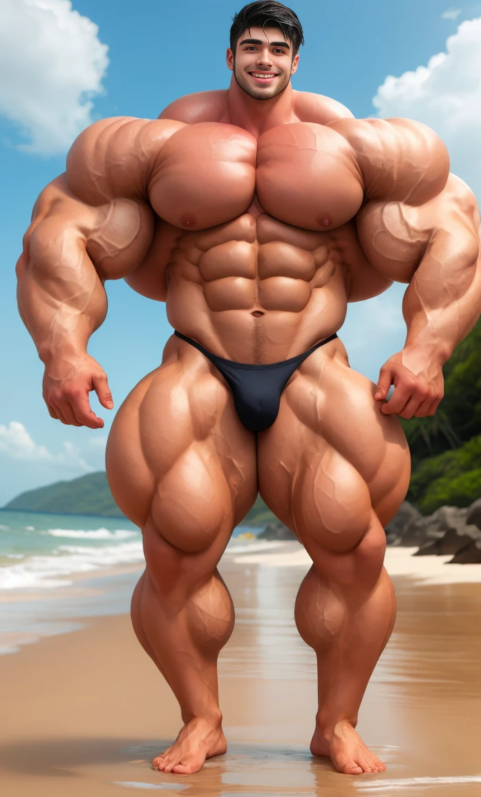 4 meter tall young man with a goatee and long curly black hair. 20 years old. Young face. Standing relaxed in a beach city. Muscular. Wearing a small black thong. Big ass. Pale white skin. Smooth body and face. Belly seen. Long long legs. barefoot, small smile, big bulge in thong, show abs, wide huge shoulders, very tall. high detail face. show full height, full body view, same hight point of view. show full height from toe to head. Wet body. Huge protruding female and huge swollen nipples, thick neck, long body, long torso, long legs, fat ass, huge bubble butt, ten pack abs, soft muscles, tropical beach, realistic, body covered in droplets of water,