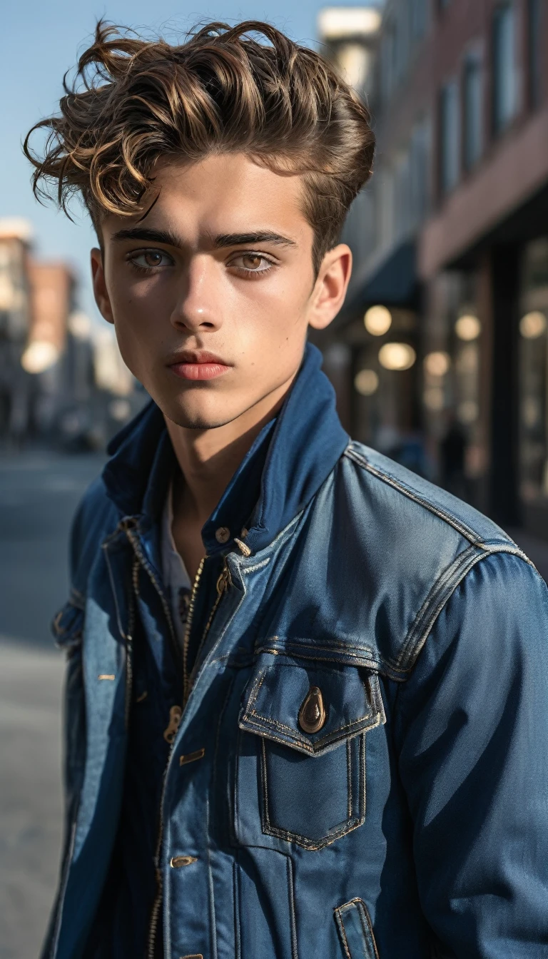 Surrealism:1.5, morning lighting, looking at the camera, Jack Blue in a blue jacket, street fashion, dynamic pose, dynamic angle, High-quality DSLR snapshots, High-definition film grain photo taken at f/16, ISO 100, With 200mm lens,