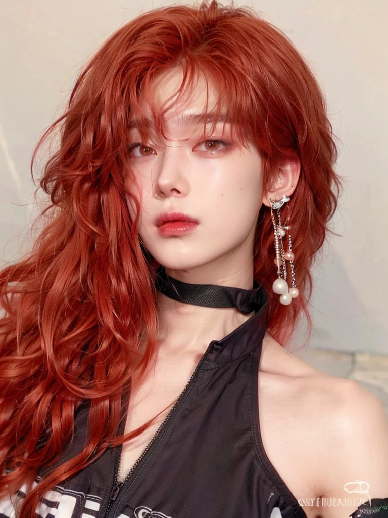 a close up of a woman with red hair and a choke, with long red hair, red wig, red dyed hair, with curly red hair, bright red hair, red long wavy hair, red long hair, very long wavy fiery red hair, wavy vibrant red hair, vibrant red hair, red curled hair, long red hair white streak hair, with red hair