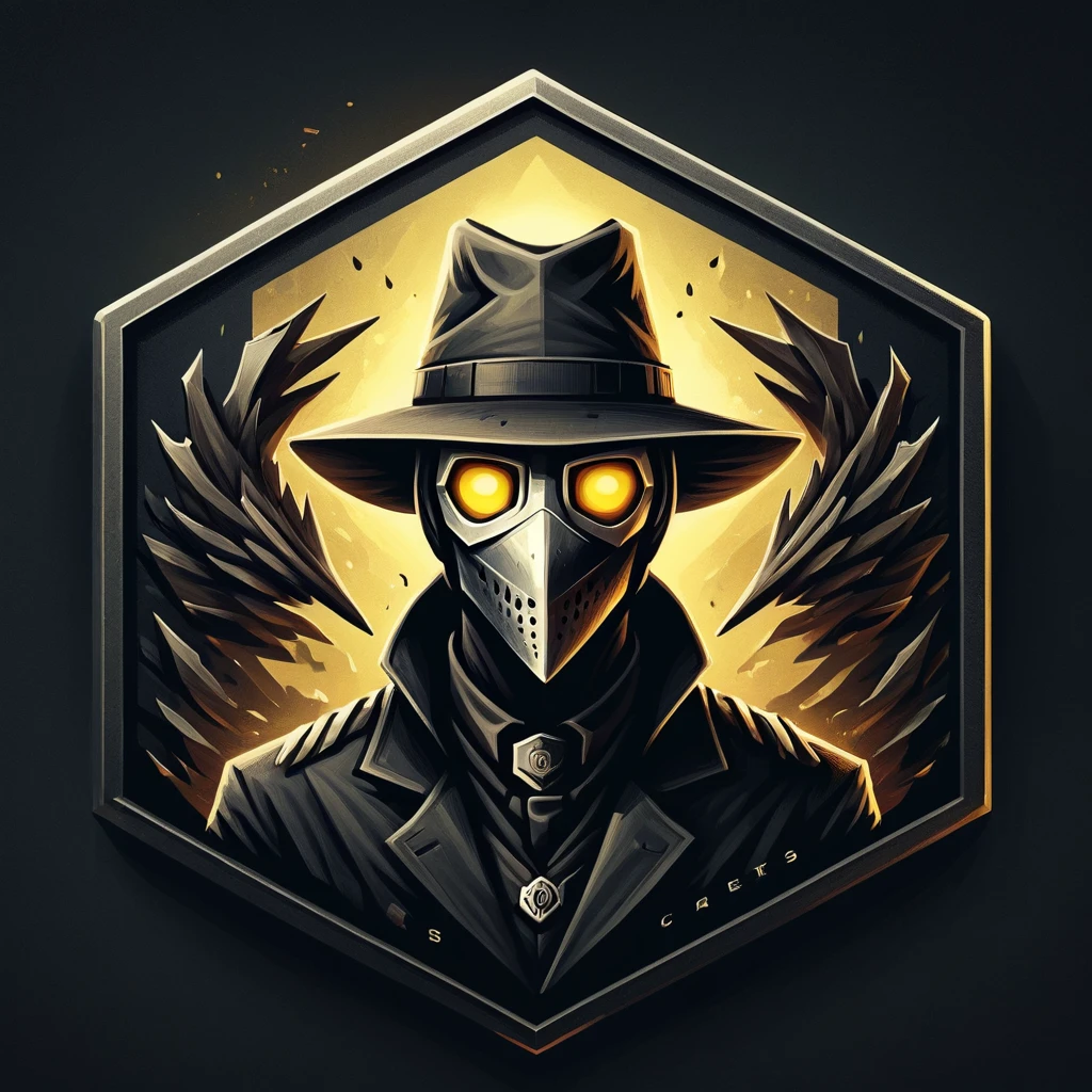 ultra high resolution, detailed, best quality, badgetype,solo badge,counter strike2 type badge,solo,looking at viewer,yellow eyes,1boy,male focus,no humans,mask,glowing,simple background,portrait,straight-on,plague doctor, hat, proportional, noire