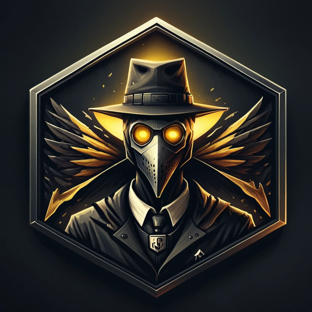 ultra high resolution, detailed, best quality, badgetype,solo badge,counter strike2 type badge,solo,looking at viewer,yellow eyes,1boy,male focus,no humans,mask,glowing,simple background,portrait,straight-on,plague doctor, hat, proportional, noire