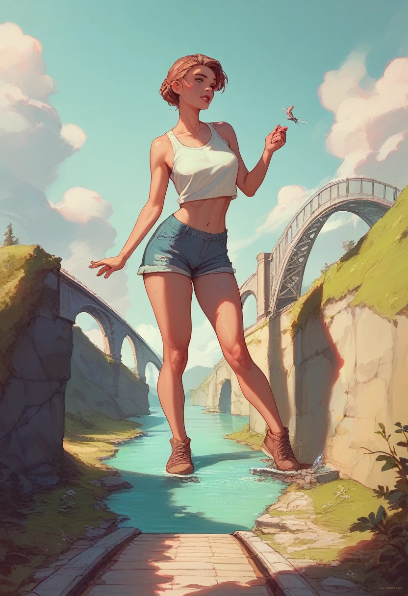 Giantess 22 yeras old curvy girl standing on the wide river, she is look at bridge and tuch the bridge with her finger.