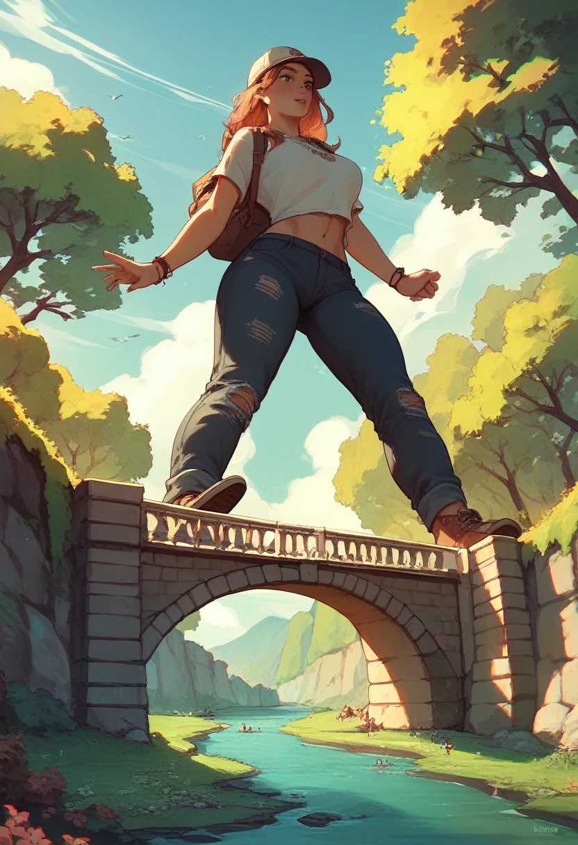 Giantess 22 yeras old curvy girl standing on the wide river, she is look at bridge and tuch the bridge with her finger.