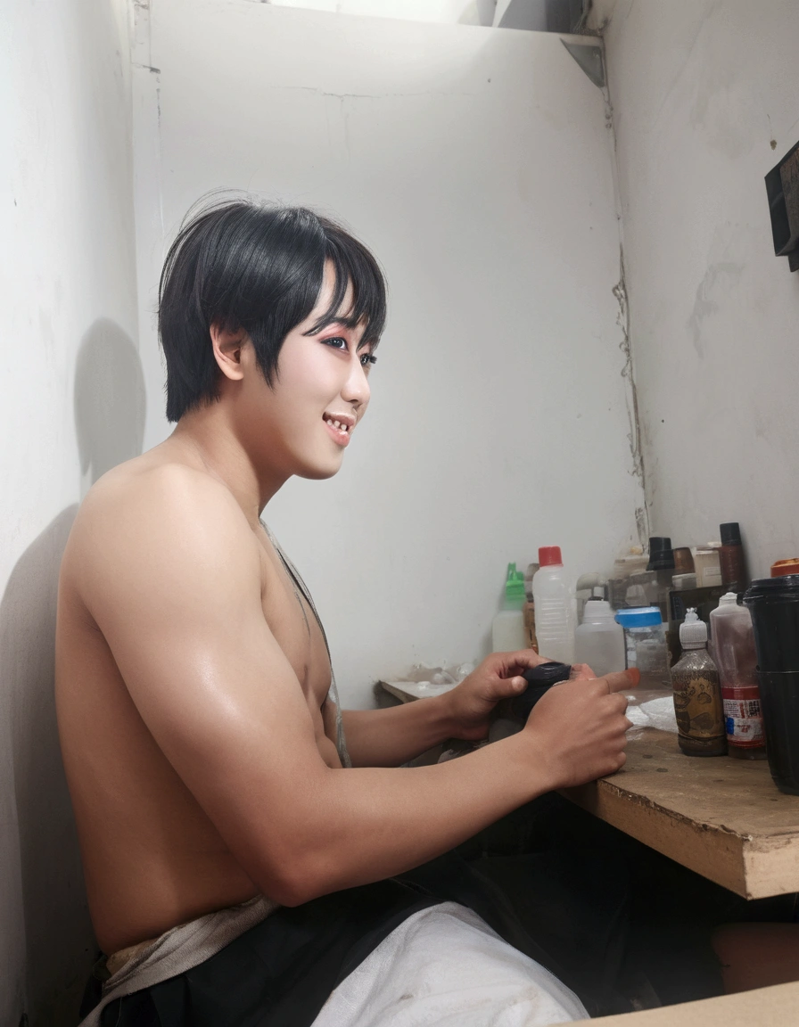 Realistic photos, 8k,A complete thumbs up,(((Bob cut ladyboy,transgender,otokonoko,Male chest))),((whole body,Flat Chest,Very muscular,Body fat percentage10%,Muscles like athletes,mascle,massive)),(((Damp,In a dirty room,Lying down,Homeless,beggar,Pale face,It is dirty,Bad smell,dirty,odor,Homeless,Depraved,Handsome young Korean ladyboy with bob cut))),(((Very big eyes,smile,looking at the camera,Frowning))),Chest is male,18-year-old,(ultra-realistic), (figure), (High resolution), (8k), (Very detailed), (Best figure), (Beautiful fine details), (highest quality), (Super detailed), (masterpiece), (wallpaper), (Detailed face), ,alone,Black hair bob cut,(((A girl with makeup on her face,The body is a perfect man))), dirty black tank top,Wrapped in a dirty blanket,Transgender,Korean,kpop,Muscular Male chest