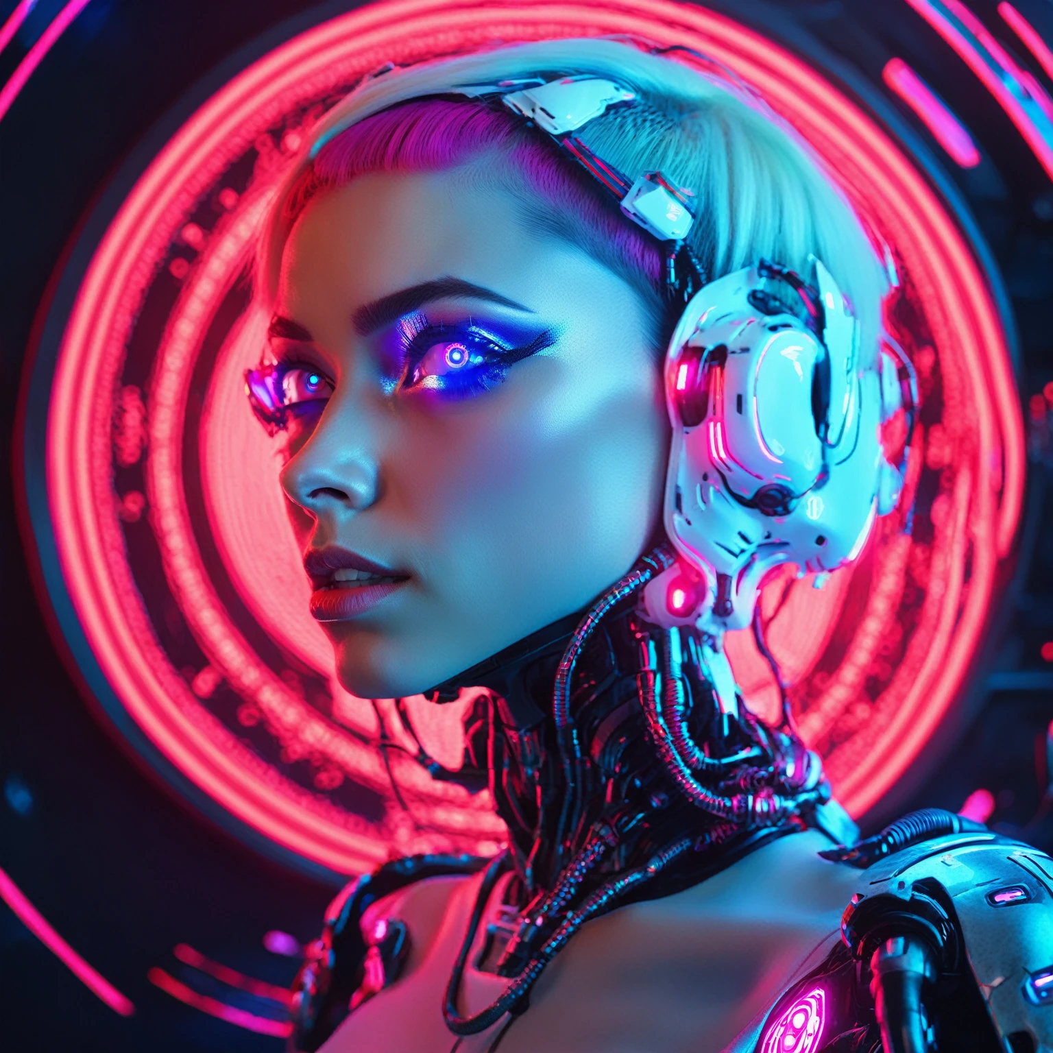 futuristic woman with blue eyes and pink hair in front of a red light, portrait of a female android, portrait of a cyborg queen, retrofuturistic female android, cyborg girl, beutiful girl cyborg, portrait of female android, futuristic woman portrait, the cyberpunk girl portrait, detailed portrait of a cyborg, portrait beautiful sci - fi girl, cyberpunk art style, beautiful cyborg girl