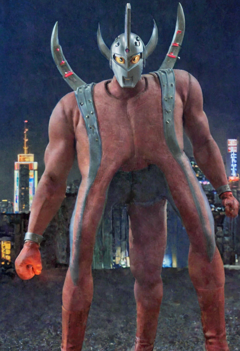 Ultraman Taro,Tokyo cityscape,Midnight,dark,neon,A giant as tall as a building、Fighting Pose,slim,Muscular,silver helmet,Long limbs,Weapon,Gorgeous Body,Incitement,4K,Photorealistic,Portrait,male focus,highres,clear