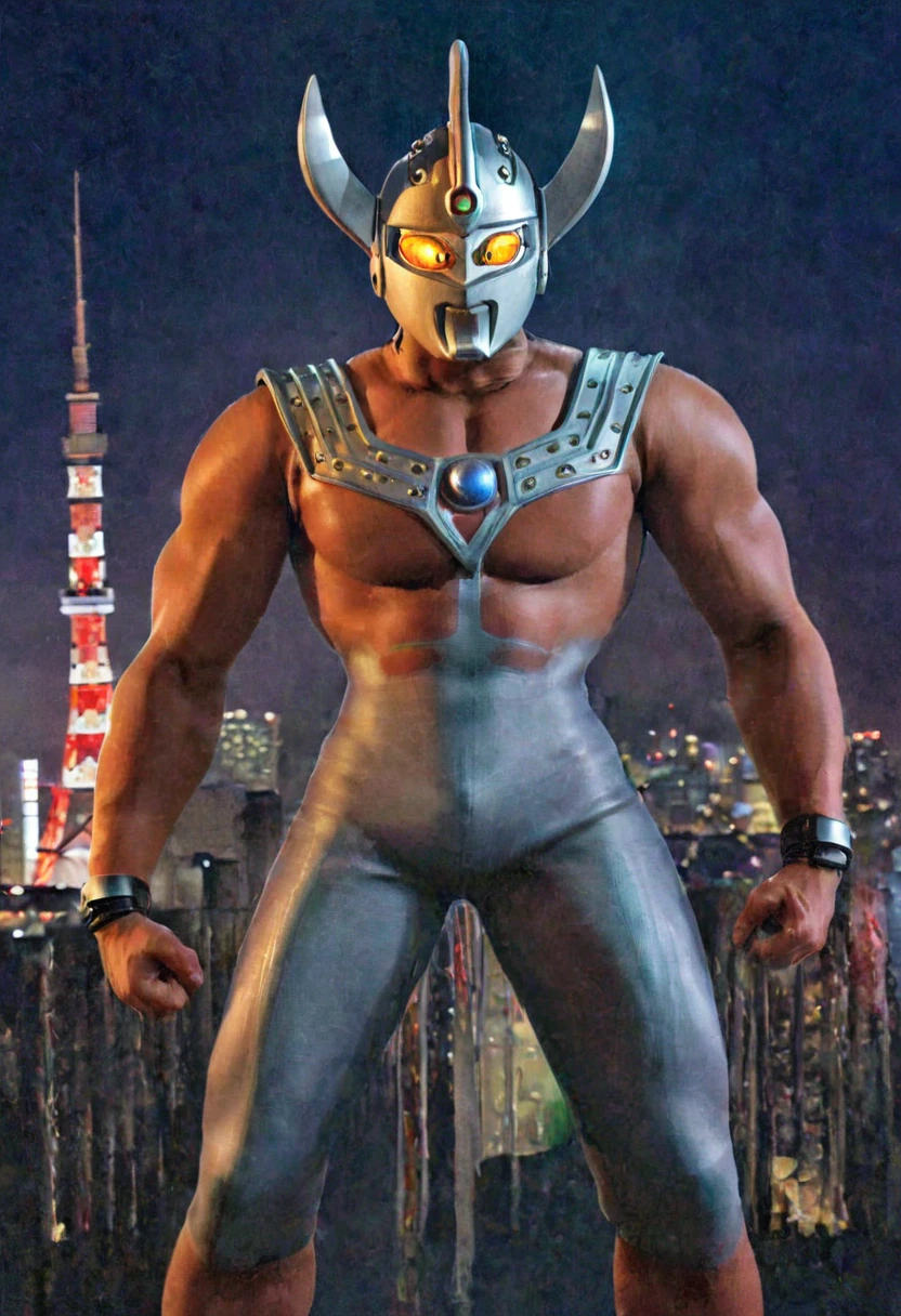 Ultraman Taro,Tokyo cityscape,Midnight,dark,neon,A giant as tall as a building、Fighting Pose,slim,Muscular,silver helmet,Long limbs,Weapon,Gorgeous Body,Incitement,4K,Photorealistic,Portrait,male focus,highres,clear