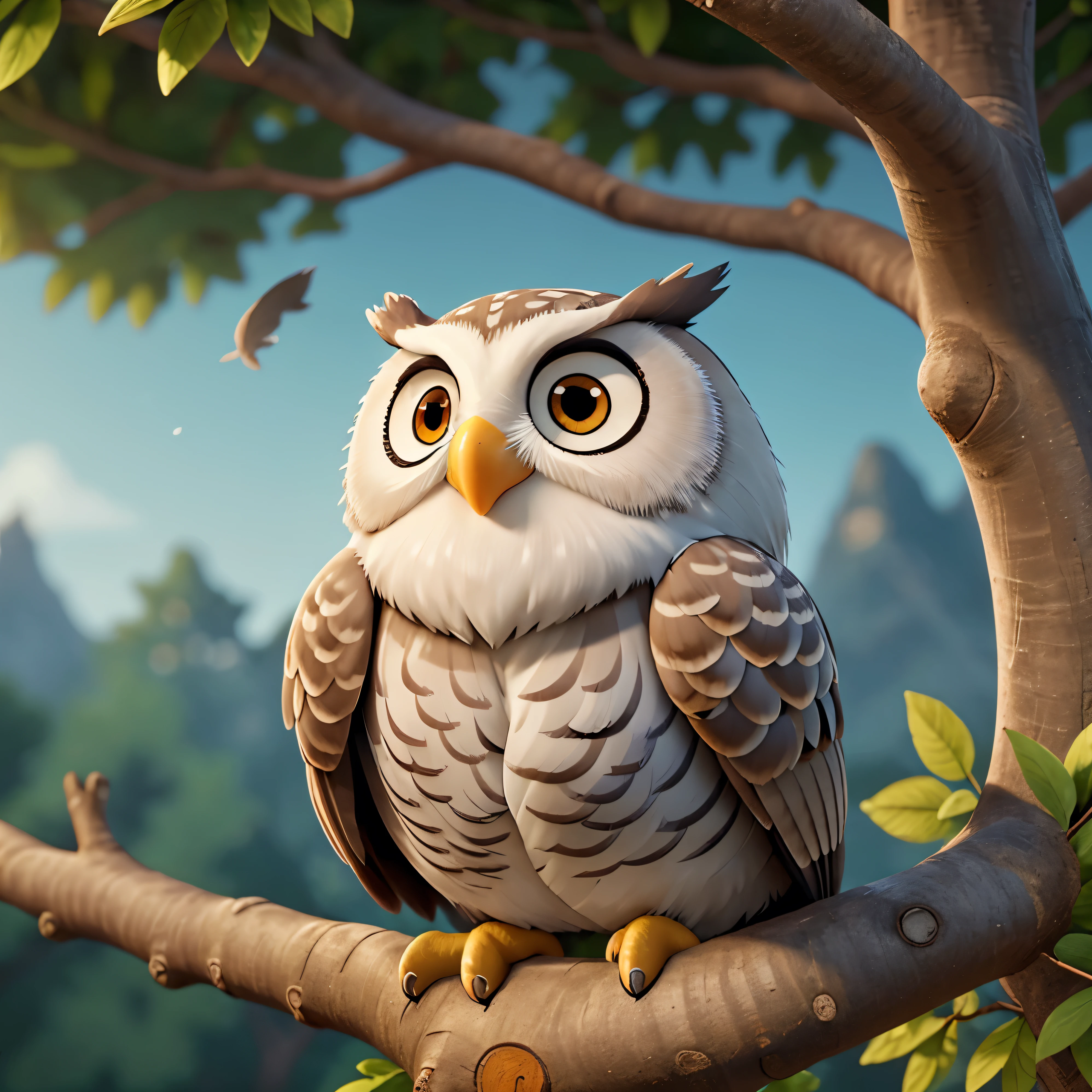 Visualize a delightful cartoon-style illustration of a wise old owl perched on a sturdy tree branch. The owl has large, wise eyes that gleam with intelligence and depth. Its feathers are beautifully detailed, with shades of brown, gray, and white creating a distinguished and dignified appearance. The owl's feathers are ruffled slightly, as if it has just turned its head to survey its surroundings. The owl's beak is sharp and pointed, and its talons grip the branch firmly. Despite its age, the owl exudes an aura of wisdom and strength, its gaze steady and unwavering. Surrounding the owl, the forest comes to life with lush foliage, adding depth and richness to the scene. This illustration captures the timeless wisdom and quiet majesty of the wise old owl, a beloved symbol of knowledge and guidance.
