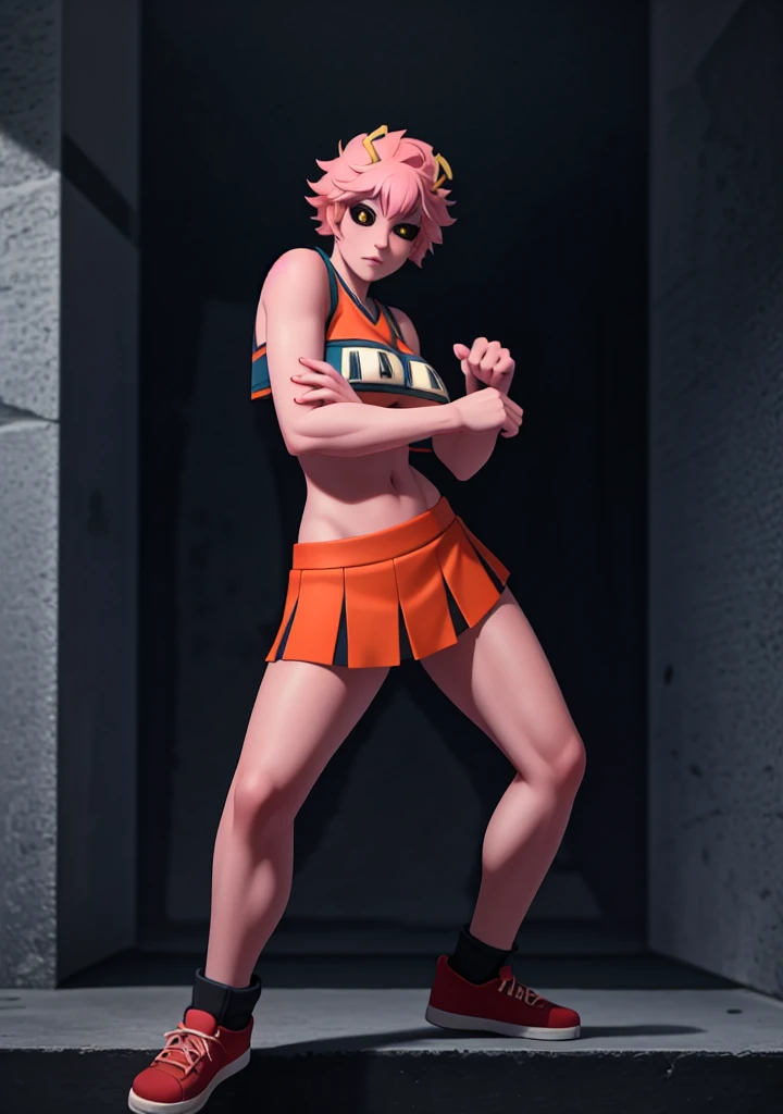 mina ashido, 1girl, solo, looking at viewer, short hair, simple background, yellow eyes, pink hair, horns, colored skin, colored sclera, black sclera, pink skin, U.A. CheerUniform, orange skirt, cheerleader, ((bare belly)), perfect shading, bare shoulders, big breasts