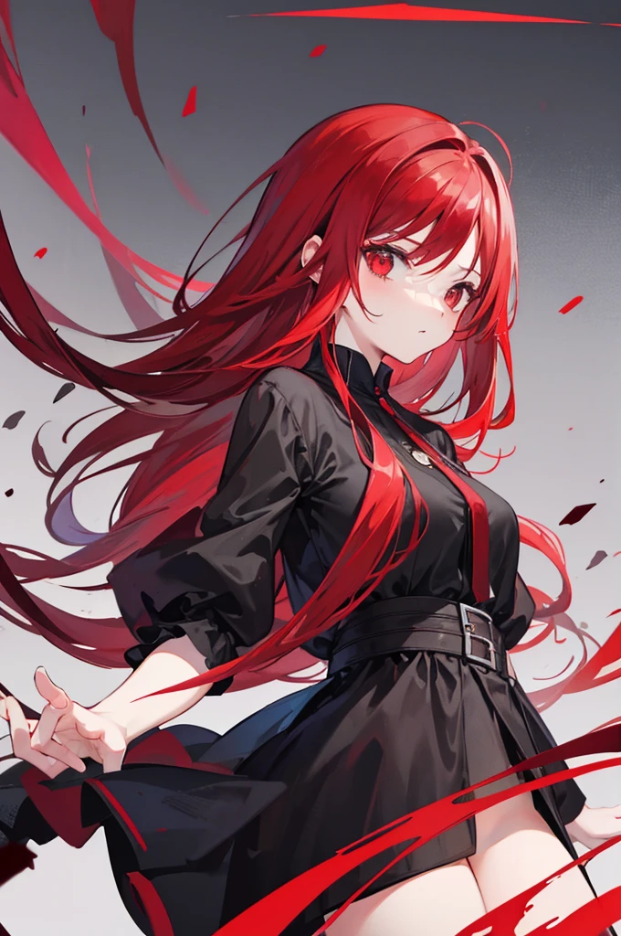 red forehead hair, red eyes, black dress