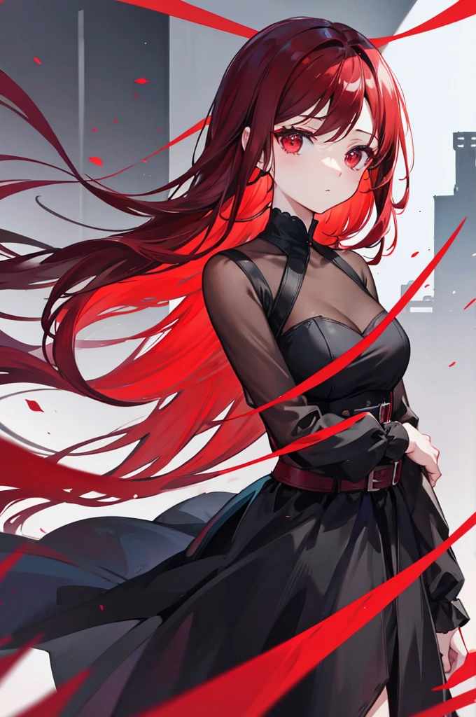 red forehead hair, red eyes, black dress