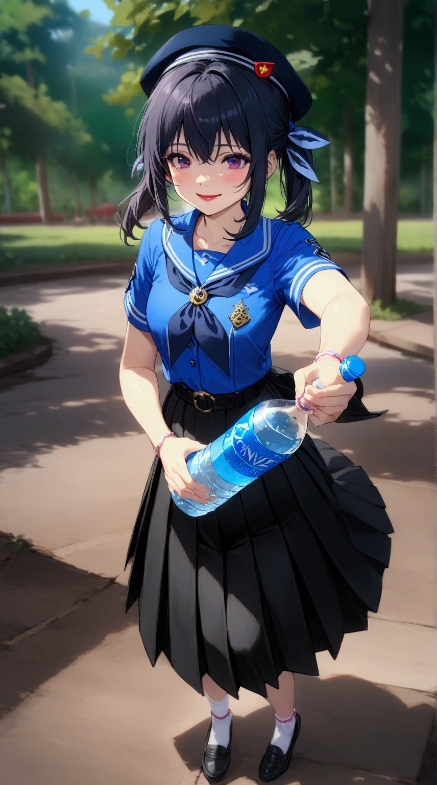 realistic anime illustration of pretty young girl smiling and holding a plastic bottle of mineral water, black twin tail girl, she carrying tote bag, she wearing cornflower-blue short sleeves collared shirt, navy-blue neckerchief, navy-blue pleated pencil long skirt, black belt with gold circle buckle, white socks and navy-blue beret, autumn scenery, (1girl, solo,full body), (masterpiece, best quality), BREAK, (cornflower-blue short sleeves collared shirt, navy-blue neckerchief, navy-blue pleated pencil long skirt, black belt with gold circle buckle, white socks and navy-blue beret)