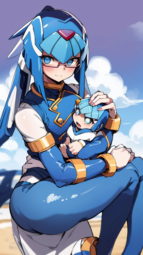 Leviathan_Megamanz, 1 Girl ,Looking at the viewer , blue hair, Blue eyes,Clouds background , Blushed, Wedding ring, Glasses, Holding a baby girl in hands