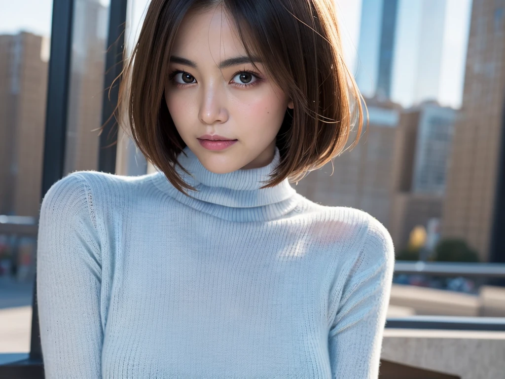 (((masterpiece, best quality,ultra-detailed,8k,high resolution))), (upper body),24 years old ,Japanese girl, 1girl, short hair,(Cover face with a turtleneck sweater:1.7),grabbing turtleneck collar