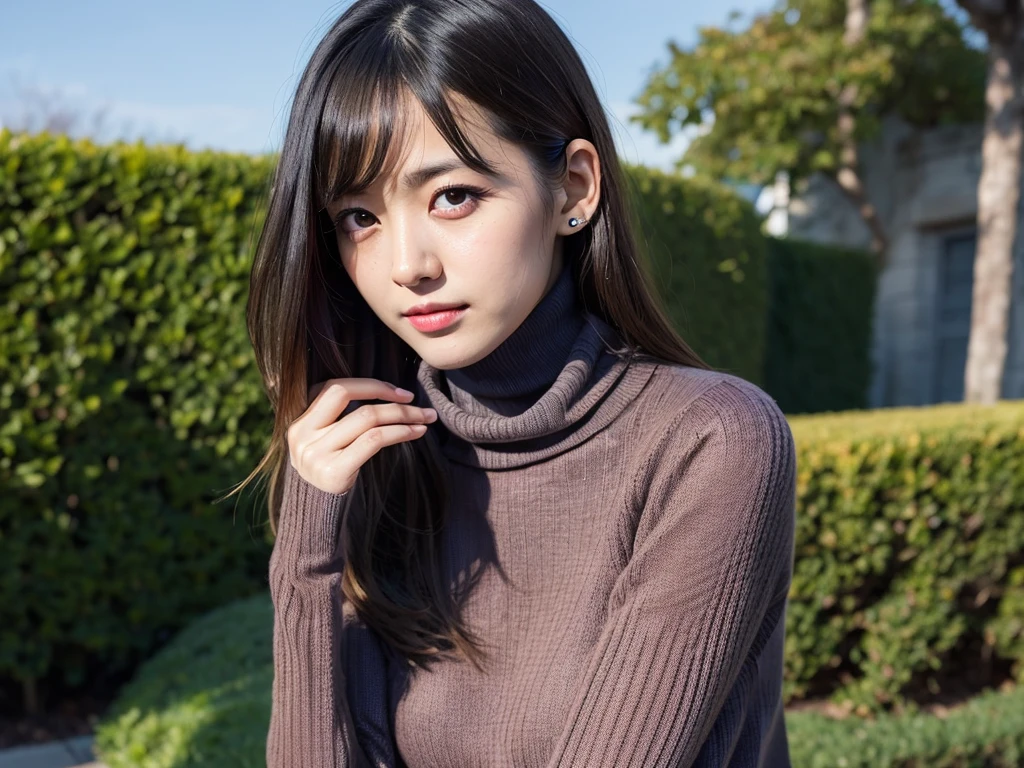 (((masterpiece, best quality,ultra-detailed,8k,high resolution))), (upper body),24 years old ,Japanese girl, 1girl, short hair,(Cover face with a turtleneck sweater:1.7),grabbing turtleneck collar