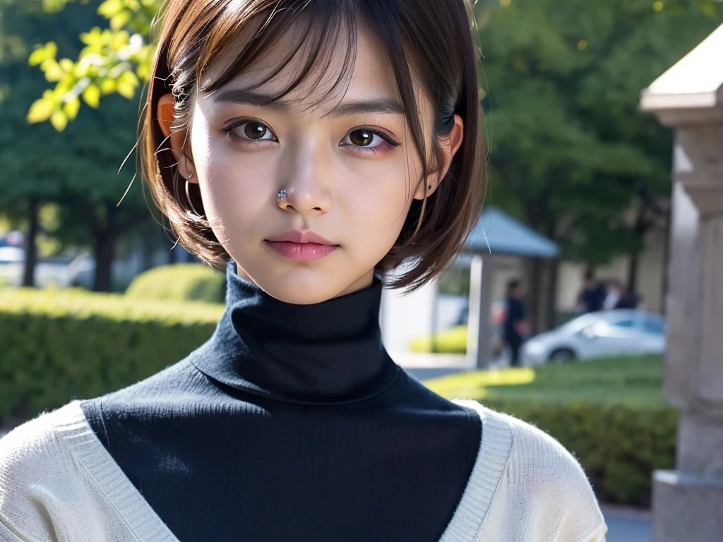 (((masterpiece, best quality,ultra-detailed,8k,high resolution))), (upper body),24 years old ,Japanese girl, 1girl, short hair,(Cover face with a turtleneck sweater:1.7),grabbing turtleneck collar