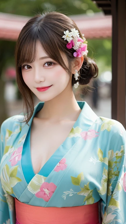 whole body, Highest quality, shape, Very detailed, In detail, High resolution, 8k wallpaper, Perfect dynamic composition, Beautiful details, kimono,Medium Hair, Center of chest, Natural color lip, Random sexy poses,smile,shrine,Flower Hair Ornaments,cute,